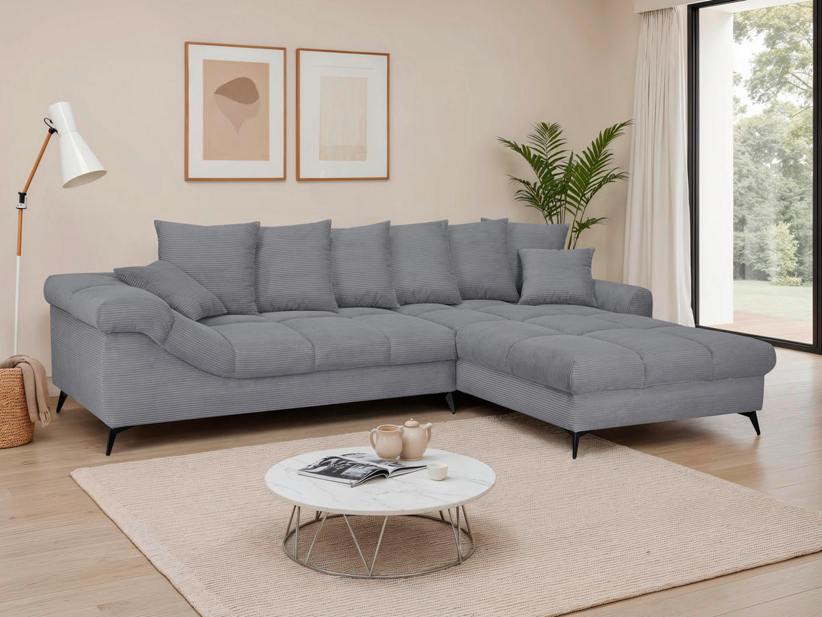 ECKSOFA Grau Cord Rückenkissen, Armlehnenkissen, Rücken echt  - Schwarz/Grau, KONVENTIONELL, Textil/Metall (332/231cm) - Carryhome
