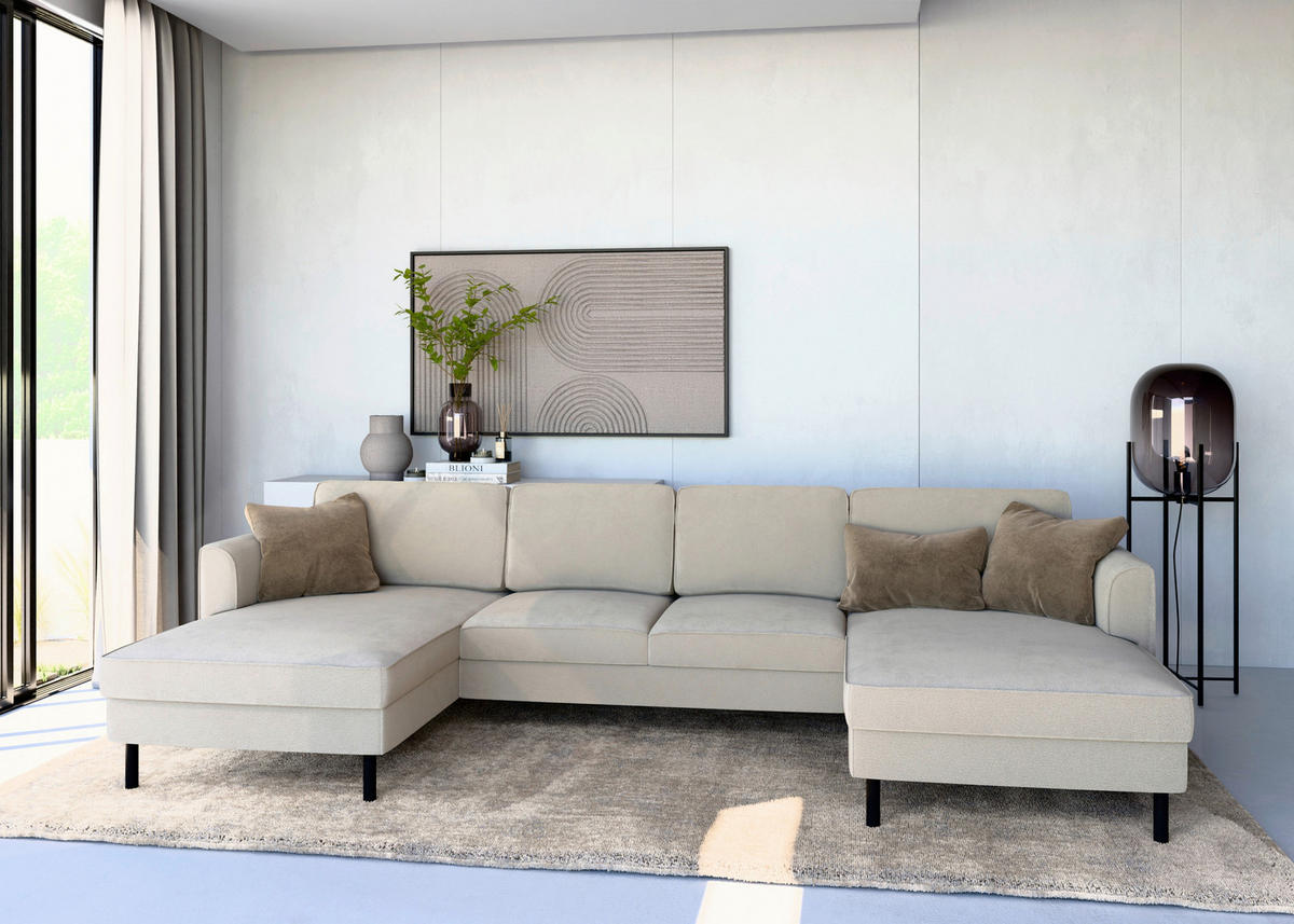 WOHNLANDSCHAFT Weiß Struktur  - Schwarz/Weiß, MODERN, Textil/Metall (161/306/161cm) - Trendmanufaktur