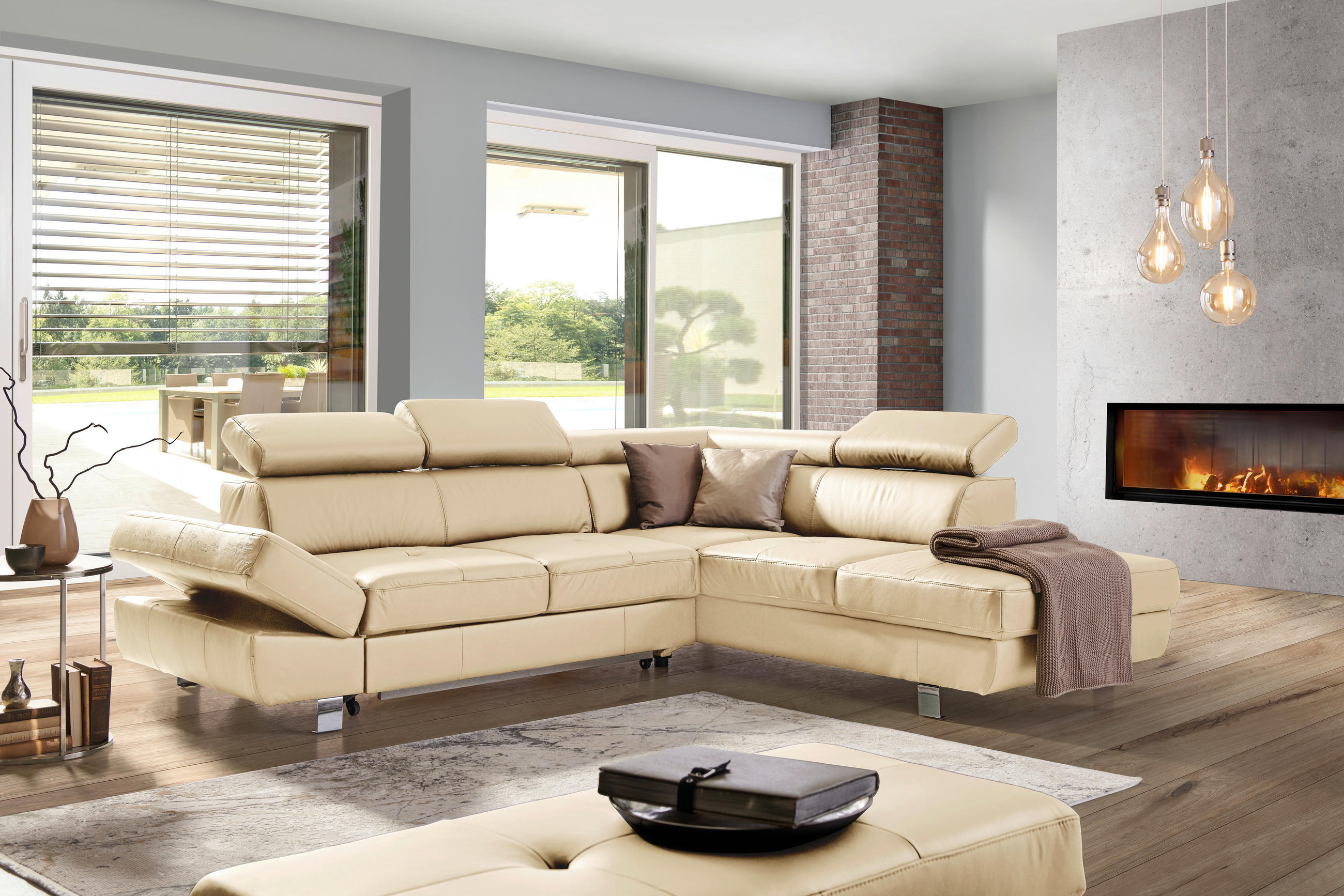 ECKSOFA in Lederlook Kombination Echtleder/Lederlook Ecru  - Chromfarben/Ecru, Design, Leder/Textil (256/212cm) - Stylife