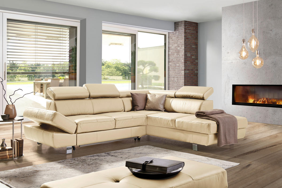 Ecksofa inkl. Funktion Ecru Kombination Echtleder/Lederlook Lederlook  - Chromfarben/Ecru, Design, Leder/Textil (256/212cm) - Stylife