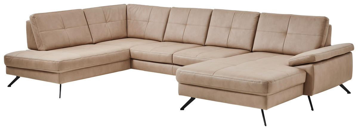 WOHNLANDSCHAFT in Lederlook, Mikrofaser Hellbraun, Haselnussfarben  - Hellbraun/Schwarz, Design, Textil/Metall (220/345cm) - Beldomo System