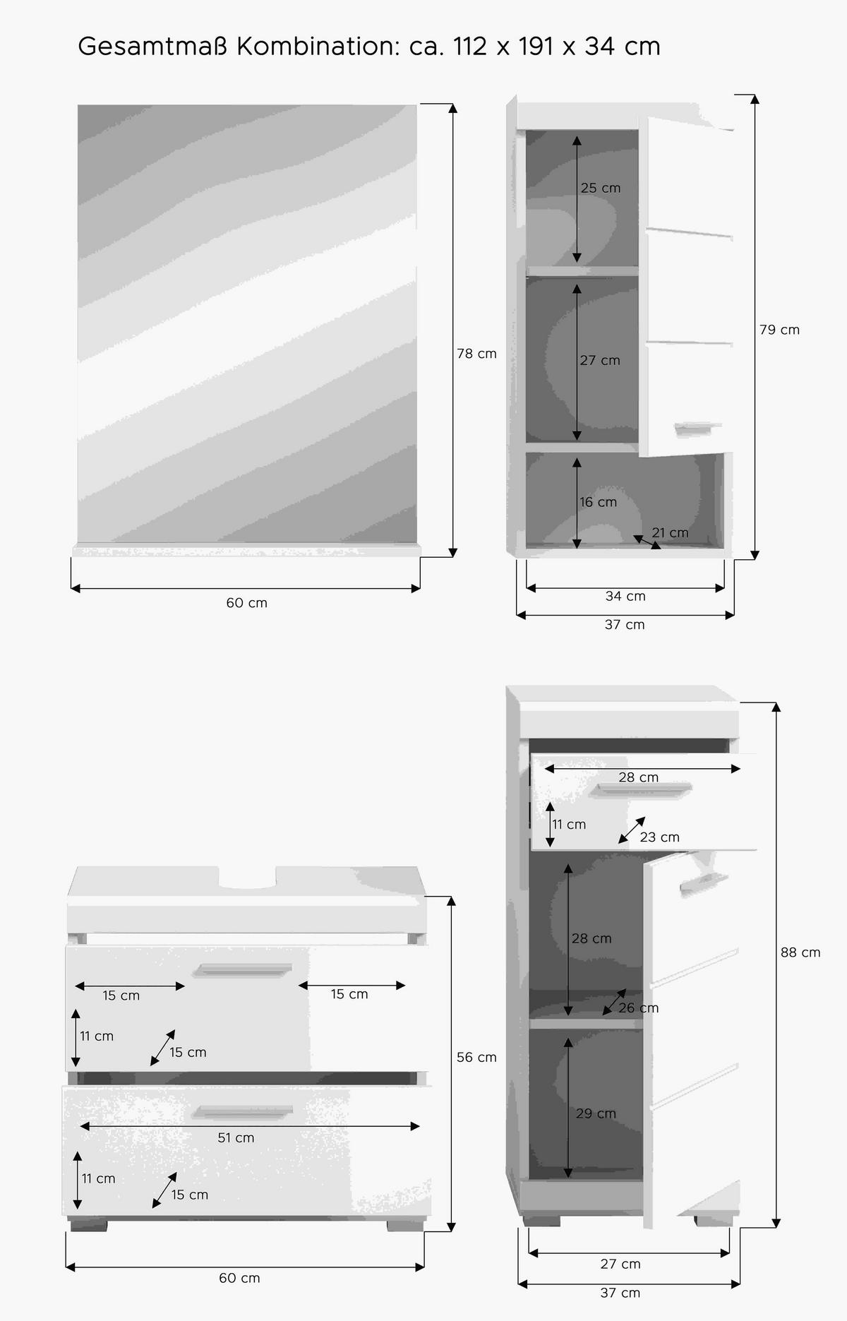 BADEZIMMER 4-teilig  in 134 cm  - Weiß Hochglanz/Silberfarben, MODERN, Glas/Holzwerkstoff (134cm) - MID.YOU
