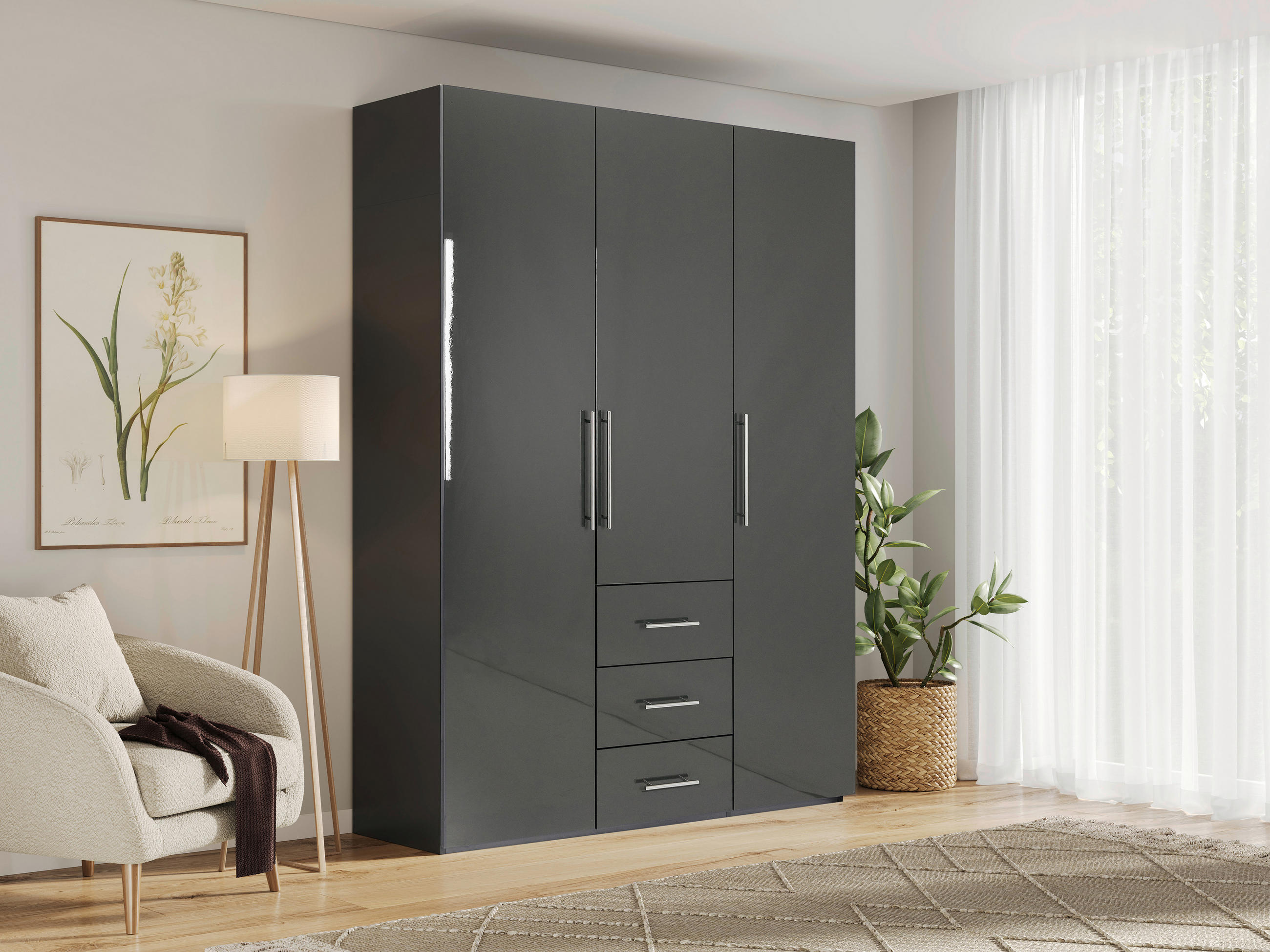 KLEIDERSCHRANK 147/219/59 cm 3-türig Anthrazit, Anthrazit Hochglanz  - Anthrazit/Anthrazit Hochglanz, KONVENTIONELL, Holzwerkstoff/Metall (147/219/59cm) - Carryhome