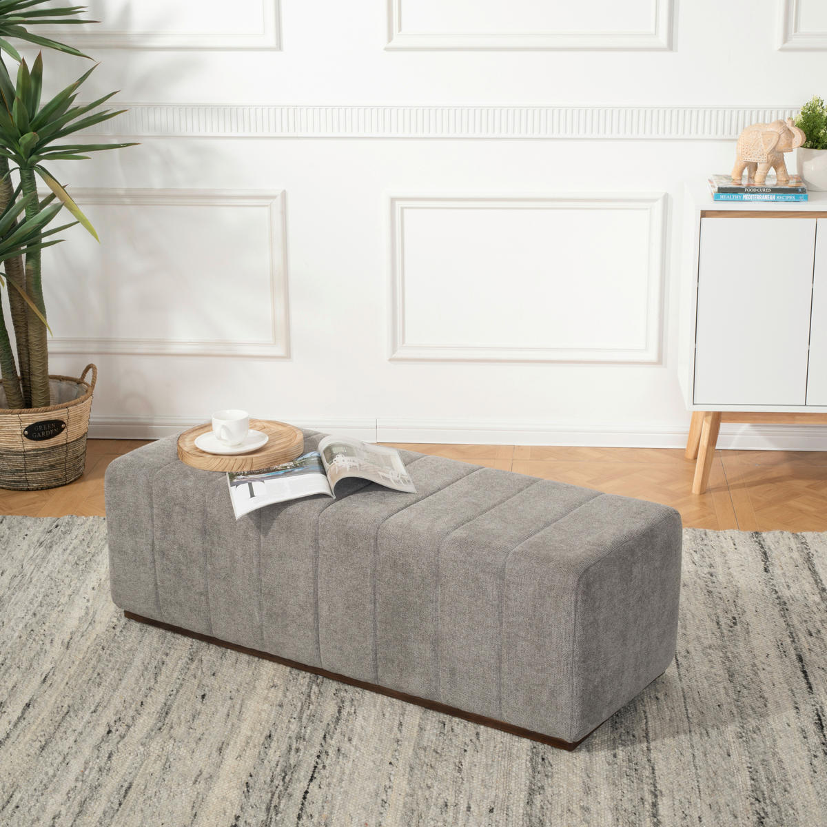 HOCKERBANK in Holz, Textil Grau  - Naturfarben/Grau, Design, Holz/Textil (122/41/45cm) - MID.YOU