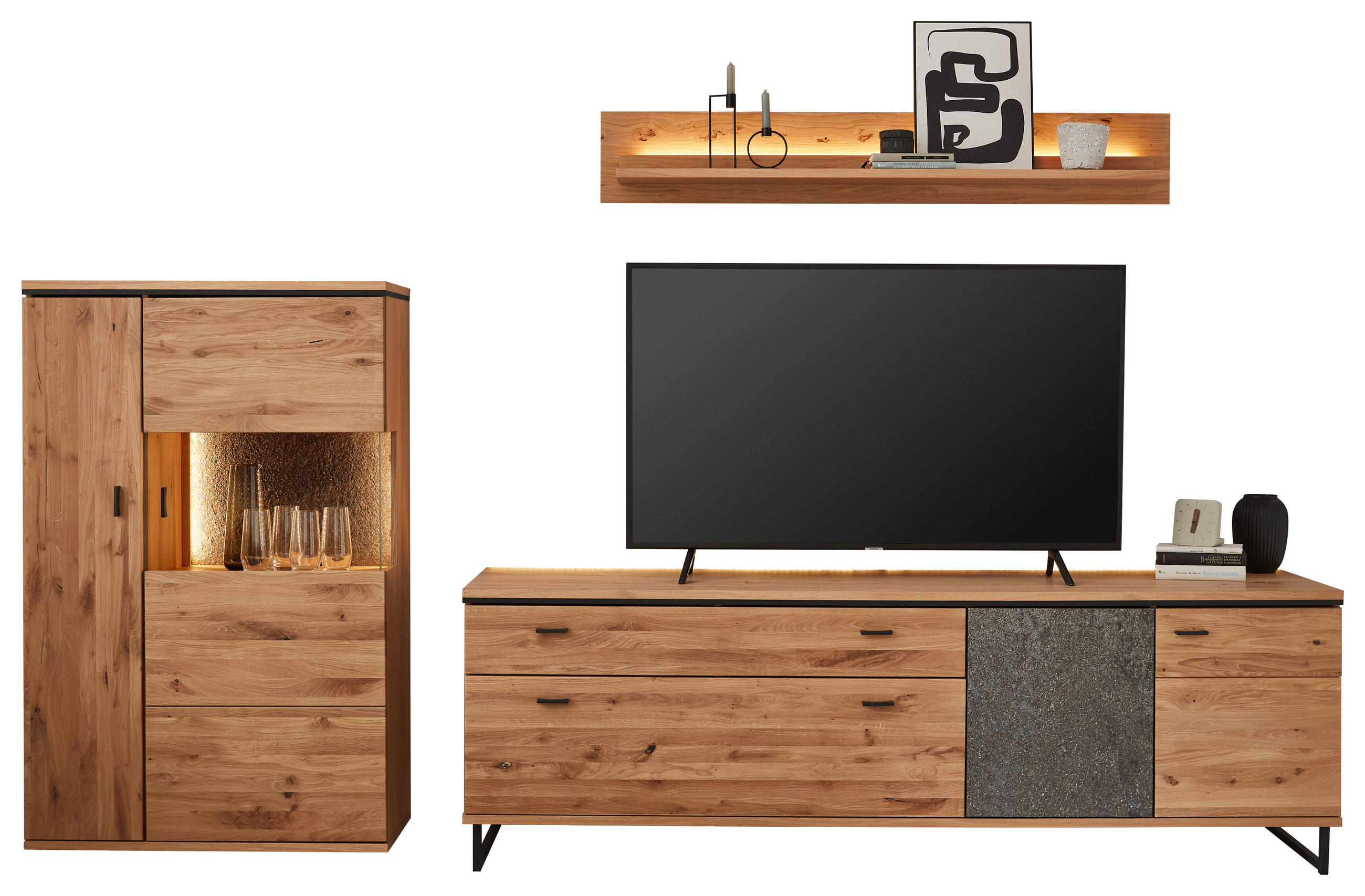 WOHNWAND 3-teilig  in Anthrazit, Eichefarben  310,2/180,4/50,2 cm    - Eichefarben/Anthrazit, KONVENTIONELL, Glas/Holz (310,2/180,4/50,2cm) - Linea Natura