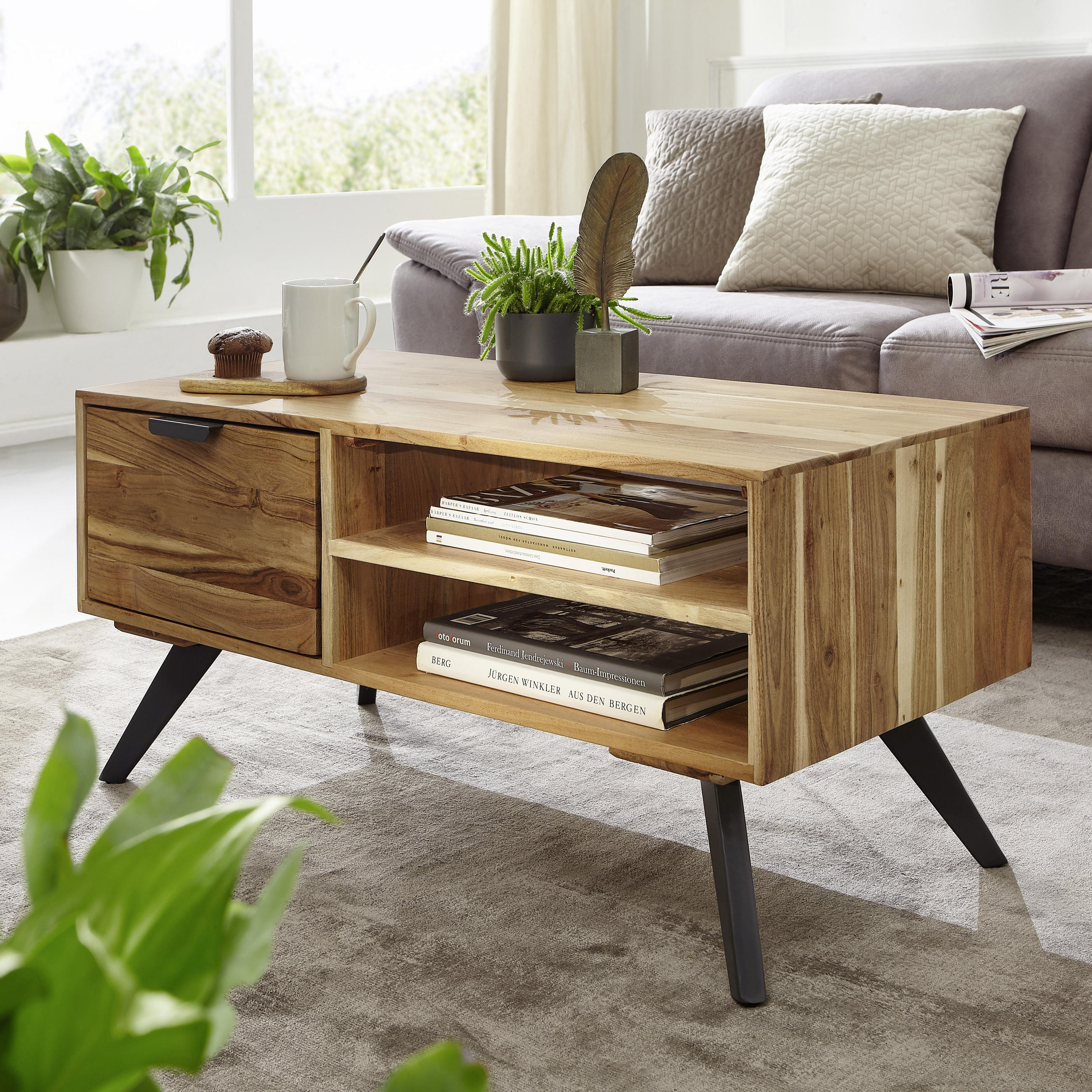 COUCHTISCH Akazie massiv 95/45/45 cm rechteckig Naturfarben  - Naturfarben/Grau, KONVENTIONELL, Holz/Metall (95/45/45cm) - MID.YOU