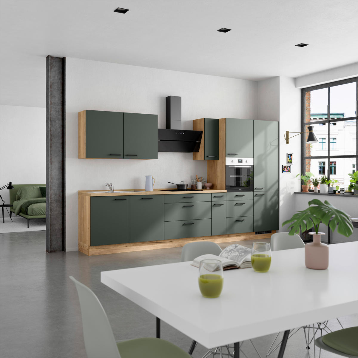 KÜCHENBLOCK Easytouch 360 cm  in Eichefarben, Dunkelgrün  - Dunkelgrün/Eichefarben, MODERN, Holzwerkstoff/Metall (360cm) - Nobilia