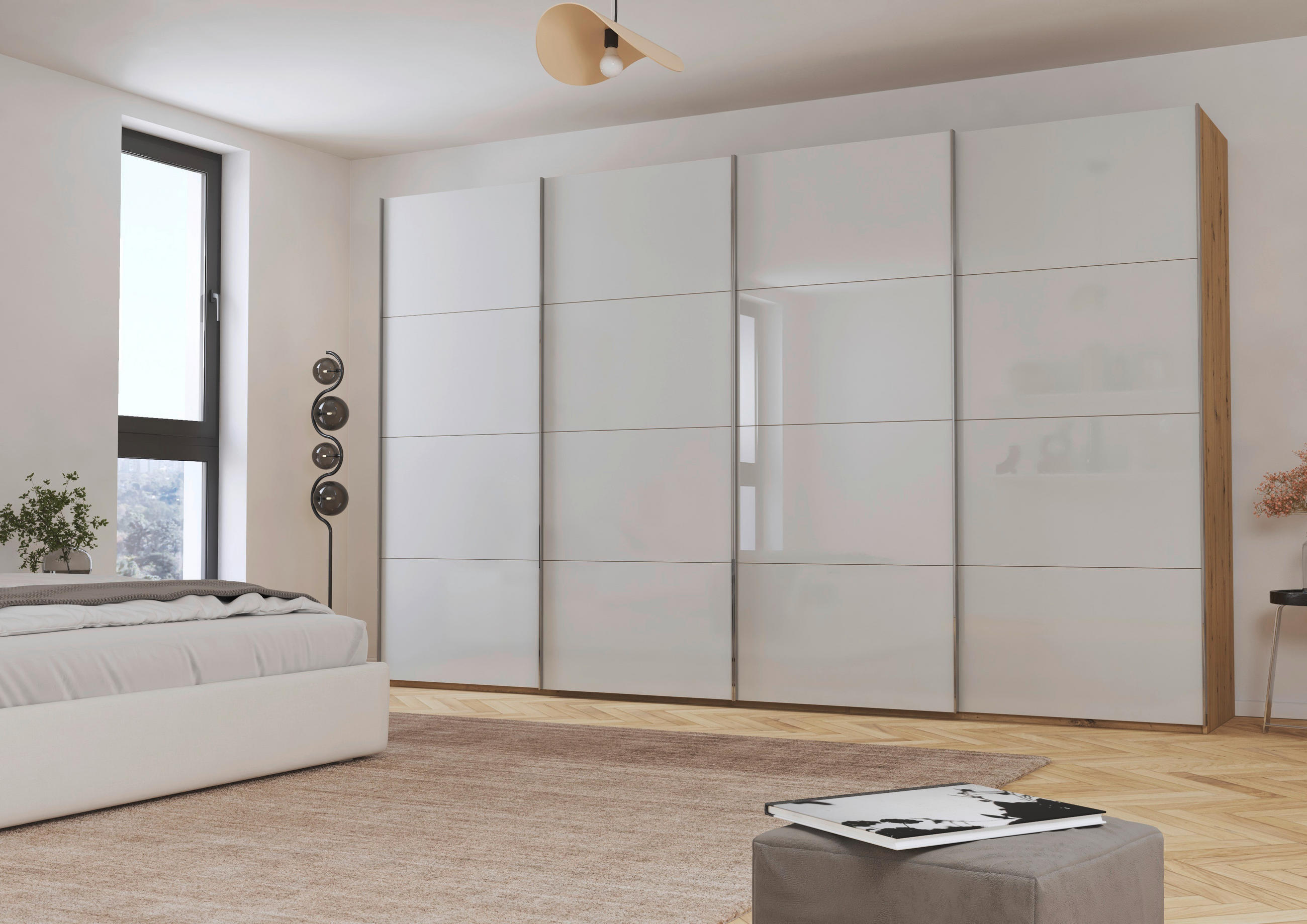 SCHWEBETÜRENSCHRANK 361/223/68 cm 4-türig Eiche Artisan, Seidengrau  - Chromfarben/Seidengrau, Design, Glas/Holzwerkstoff (361/223/68cm) - Novel