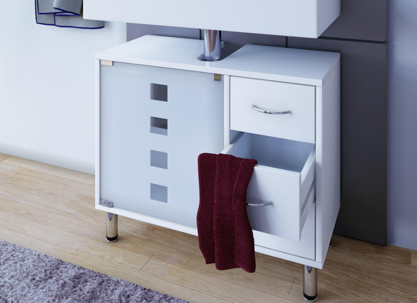 Thumbnail - Mid.you Waschbeckenunterschrank VCM Darola, Weiß, Glas, 3 Schubladen, 67x57.5x29.5 cm, stehend, Badezimmer, Badezimmersc...