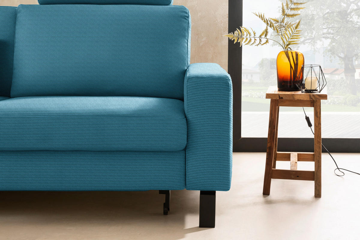 ECKSOFA  in Cord Petrol Rücken echt, Sitztiefenverstellung  185/298 cm  - Petrol/Schwarz, Design, Textil/Metall (185/298cm) - Pure Home Lifestyle