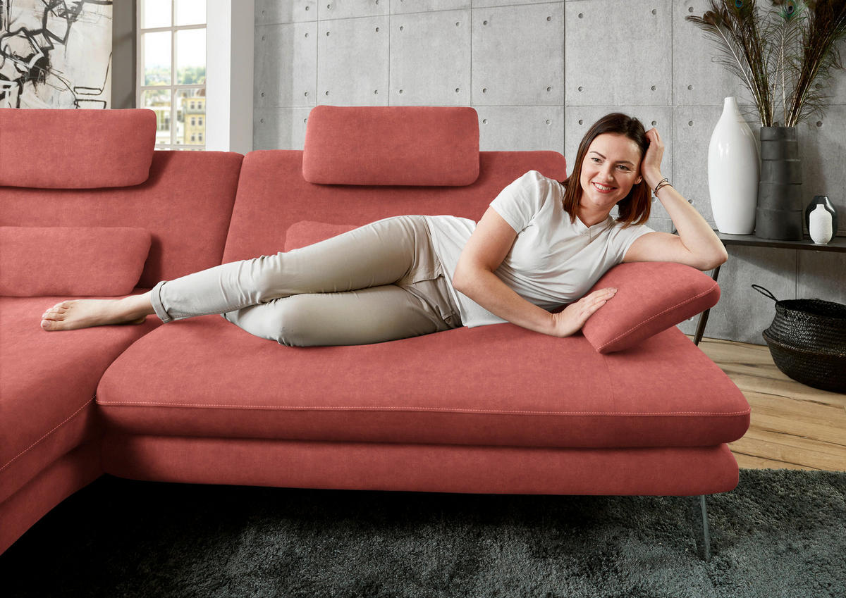 ECKSOFA in Velours Koralle  184/284 cm  - Koralle/Schwarz, Design, Textil/Metall (184/284cm) - Dieter Knoll