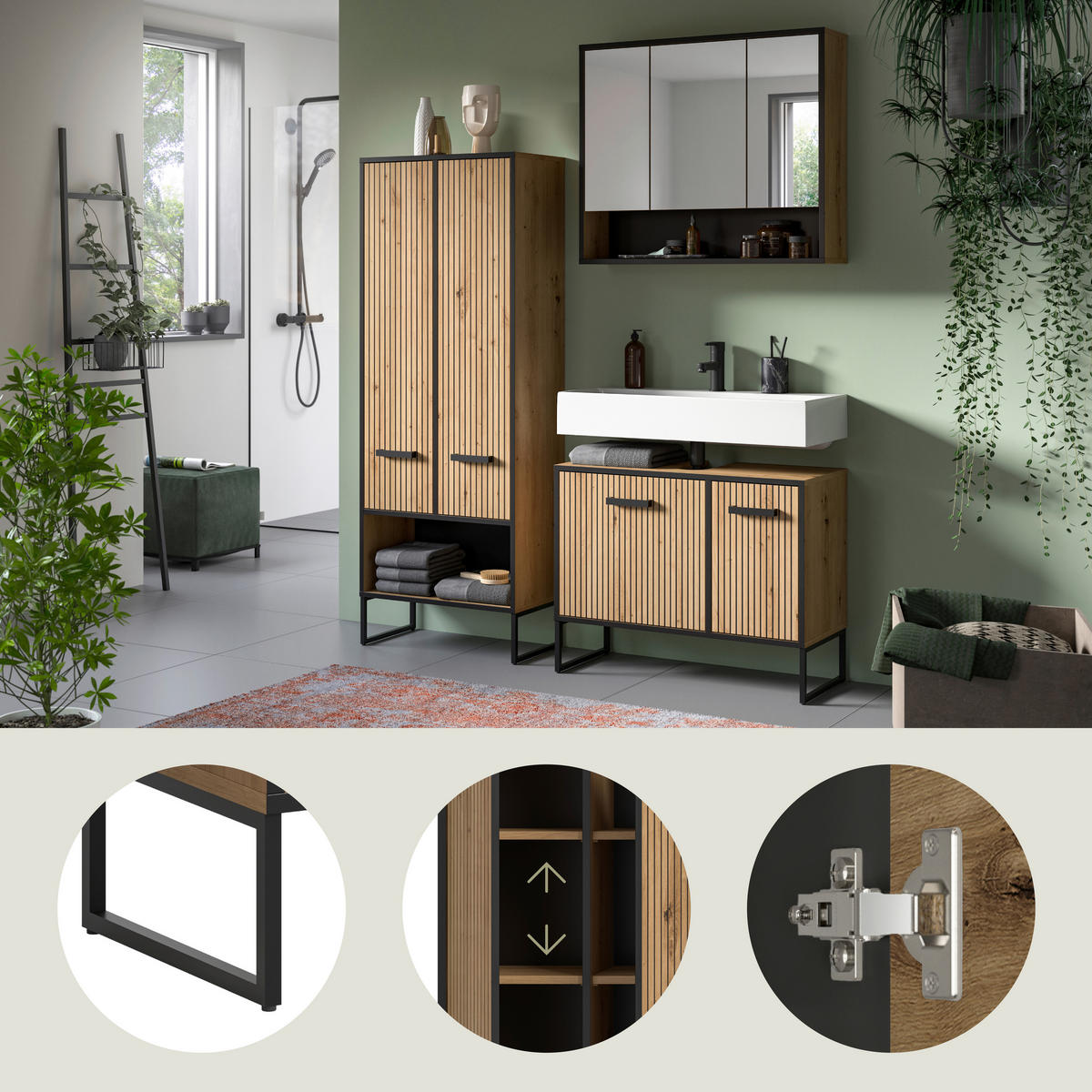 BADRUM 139 cm  - svart/ek Artisan, Trend, metall/trämaterial (139cm) - MID.YOU