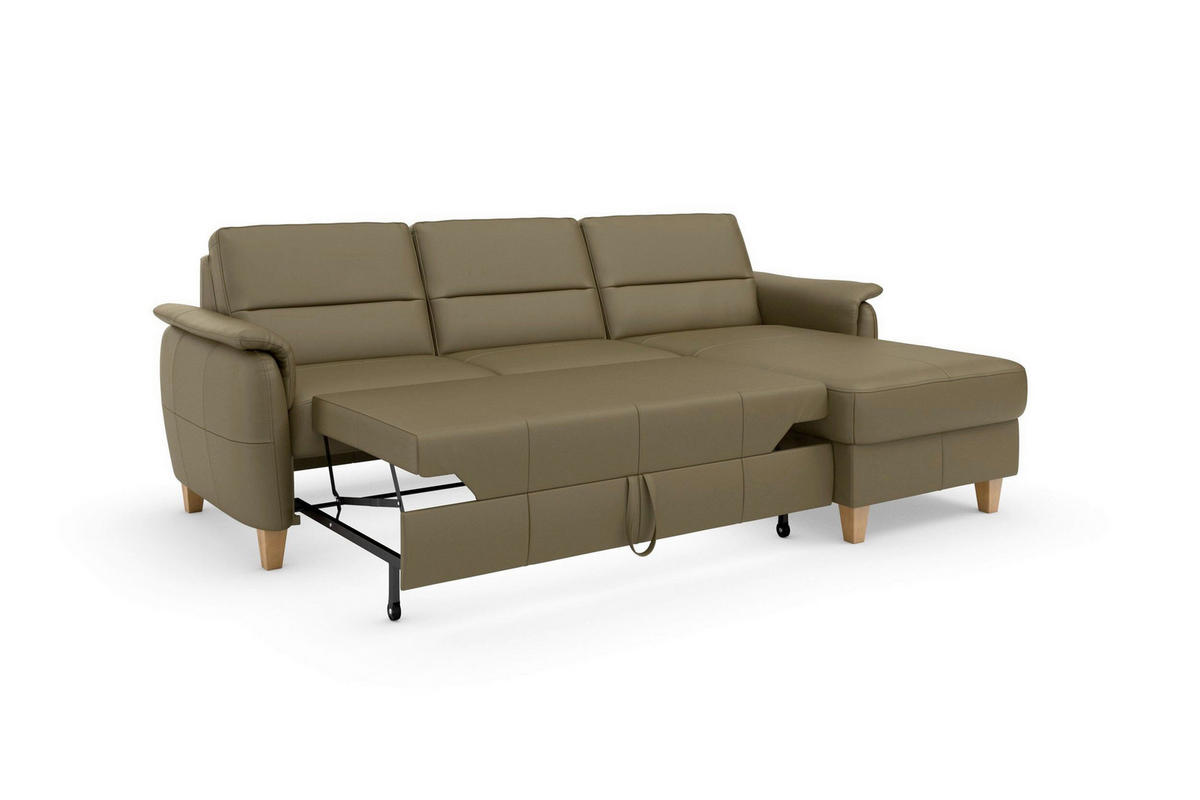 ROHOVÁ SEDAČKA, koža, olivovozelená - olivovozelená/farba duba, Basics, koža/drevo (244/163cm) - Sit & More