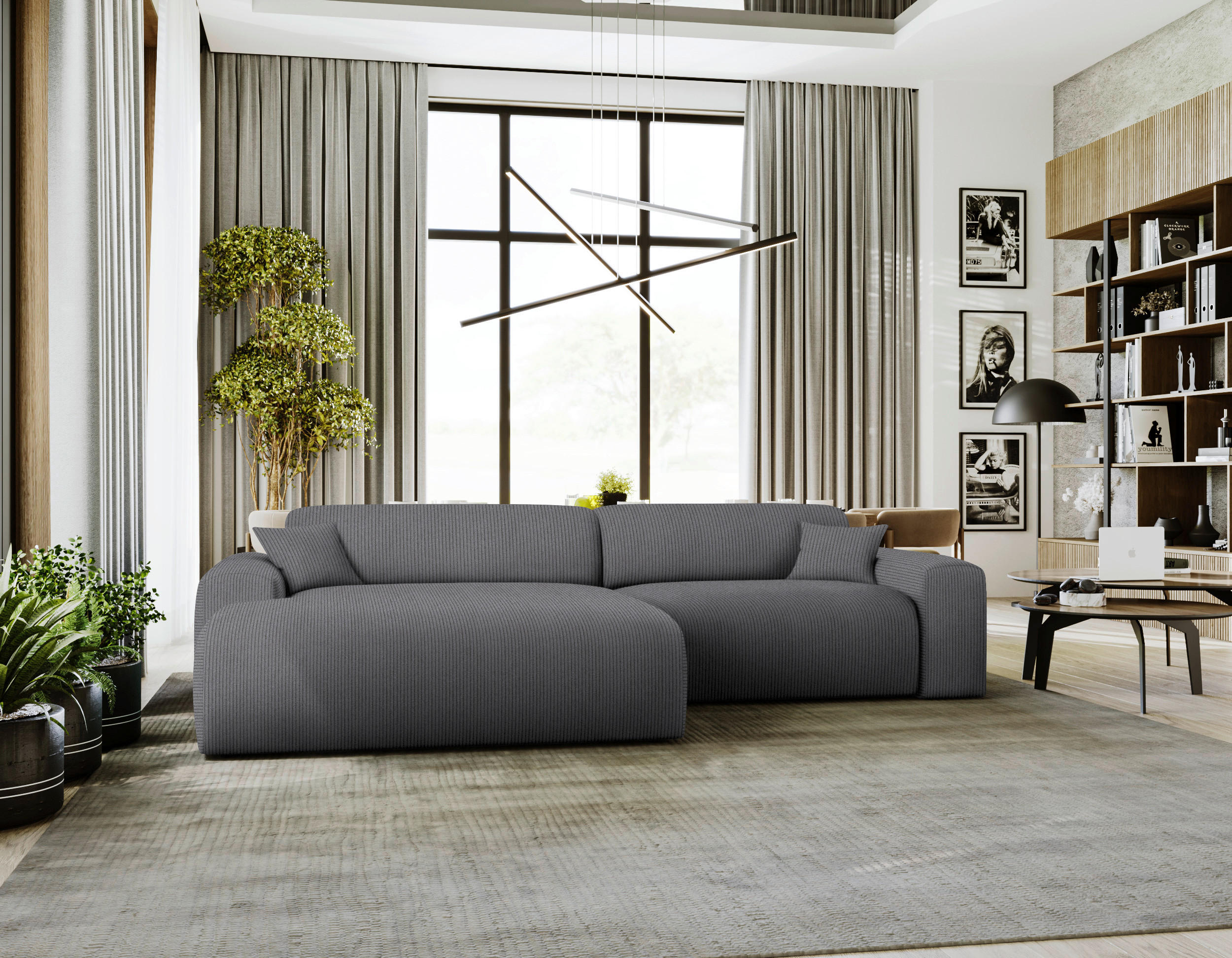 ECKSOFA in Velours, Feincord Grau  178/292 cm  - Schwarz/Grau, Design, Kunststoff/Textil (178/292cm) - home24