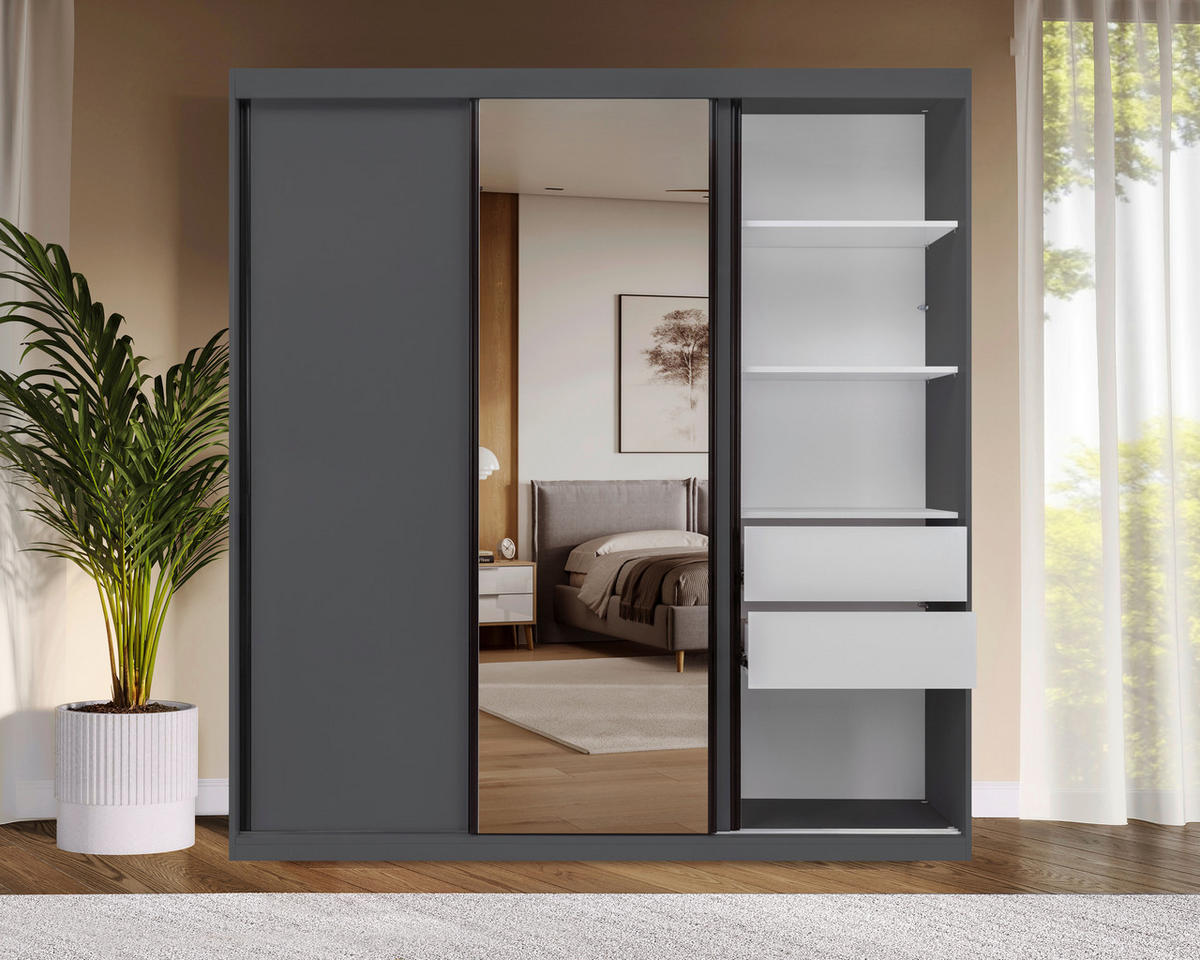 SCHIEBETÜRENSCHRANK 200/215/59,5 cm 3-türig  - Schwarz/Graphitfarben, MODERN, Holzwerkstoff/Metall (200/215/59,5cm) - MID.YOU