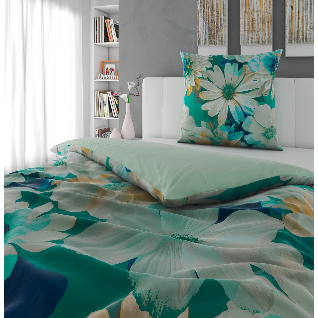 Thumbnail - Bio:Vio Wendebettwäsche, Petrol, Textil, Blume, 135x200 cm, pflegeleicht, hautfreundlich, schadstoffgeprüft, bio, Schlaf...