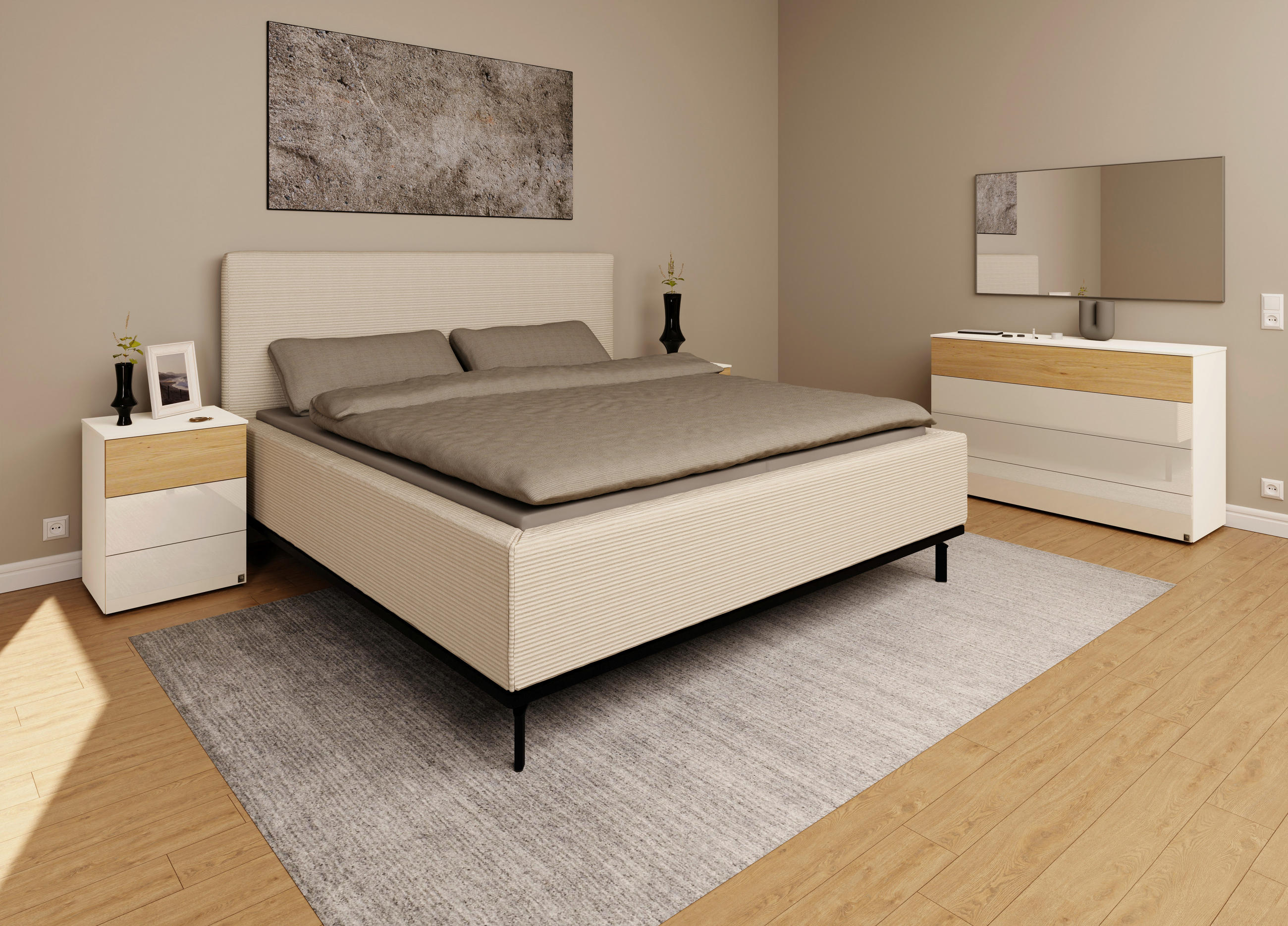 Thumbnail - Musterring Polsterbett, Creme, Textil, Birke, Buche, massiv, H3, Höhe ca. 20 cm, 180x200 cm, atmungsaktiv,Bettkasten, La...