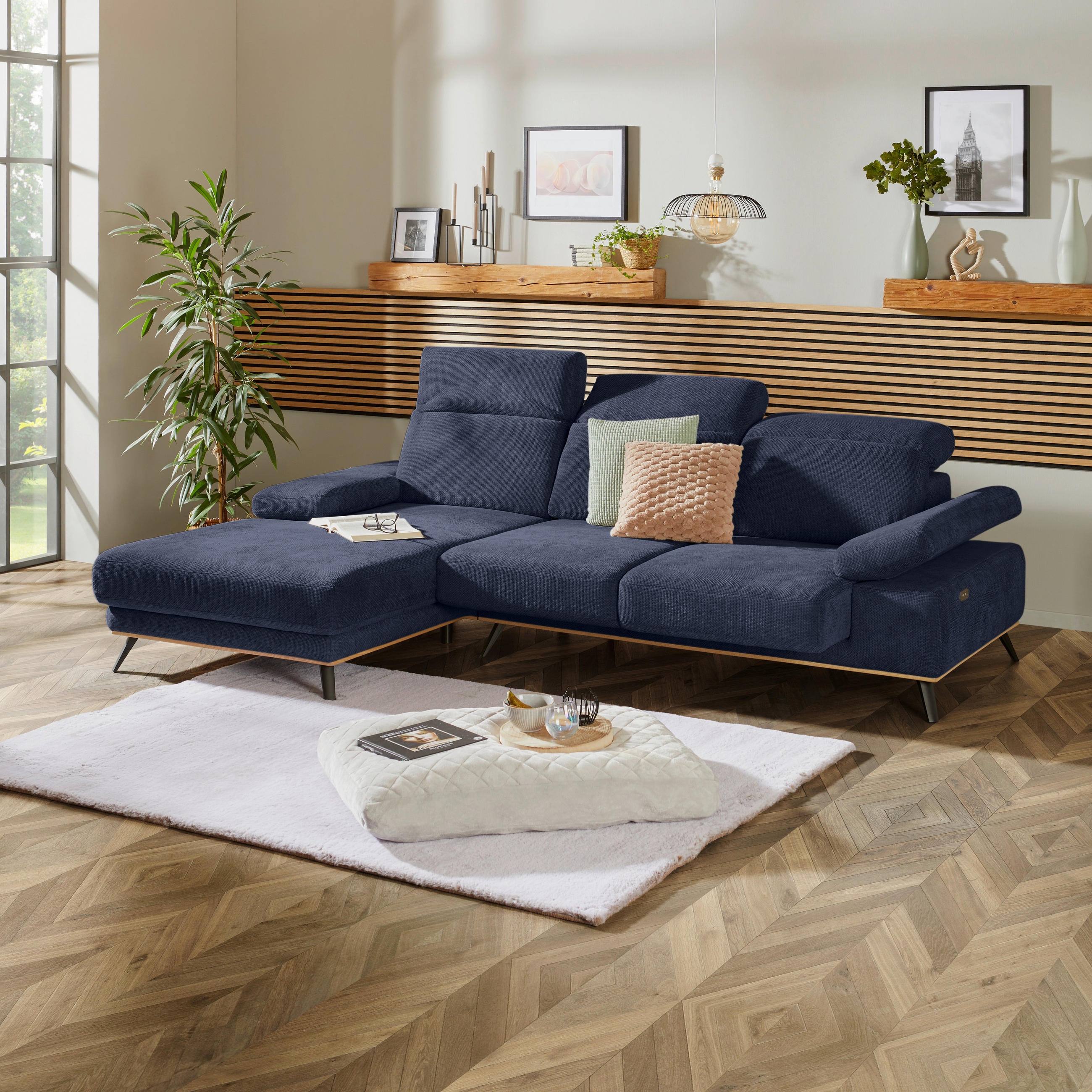 ECKSOFA ROYCE Dunkelblau Struktur  - Schwarz/Dunkelblau, MODERN, Textil/Metall (194/283cm) - MID.YOU