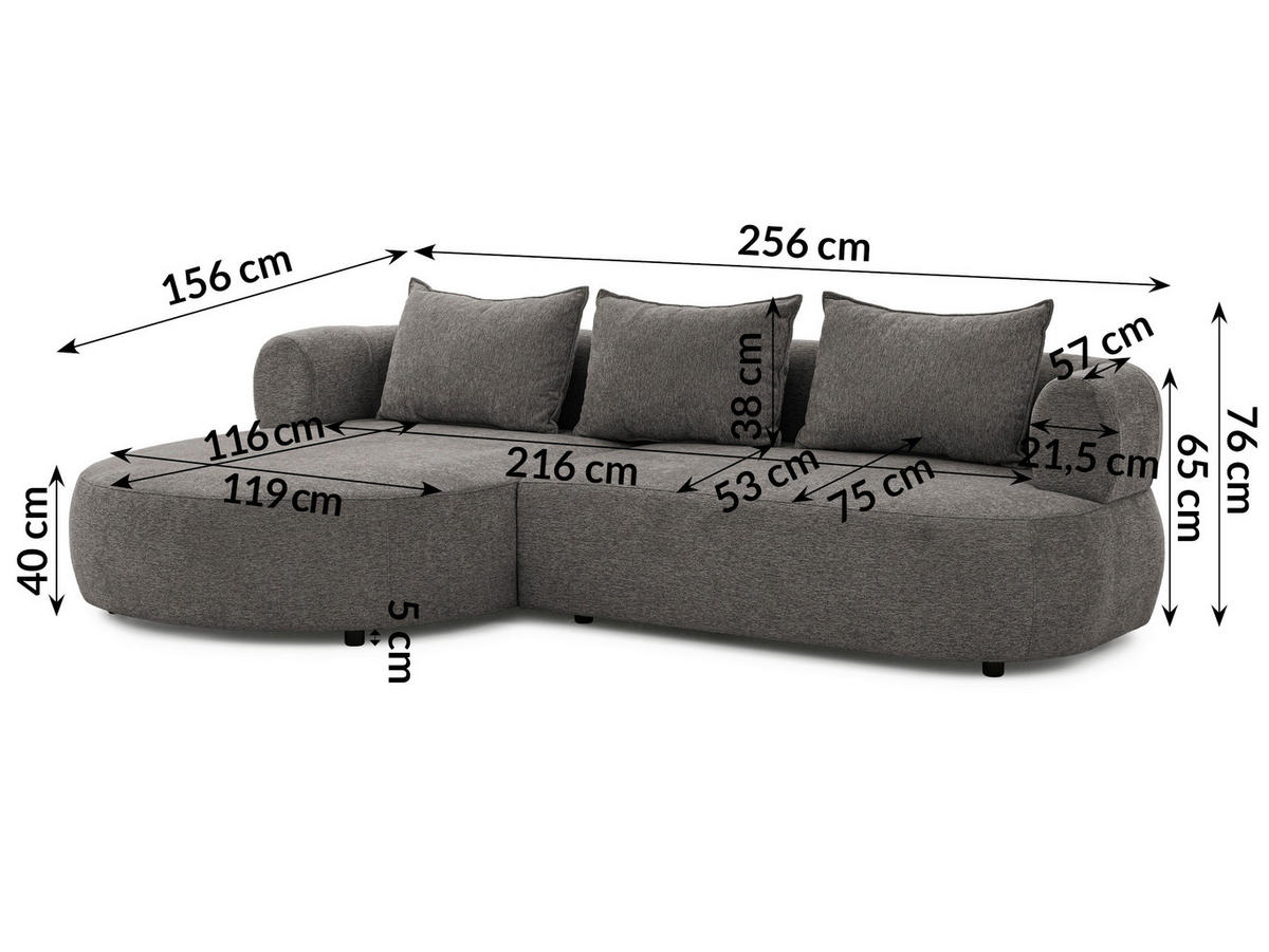 ECKSOFA FERRO Anthrazit Chenille  - Anthrazit/Schwarz, Design, Kunststoff/Textil (156/256cm) - Livetastic