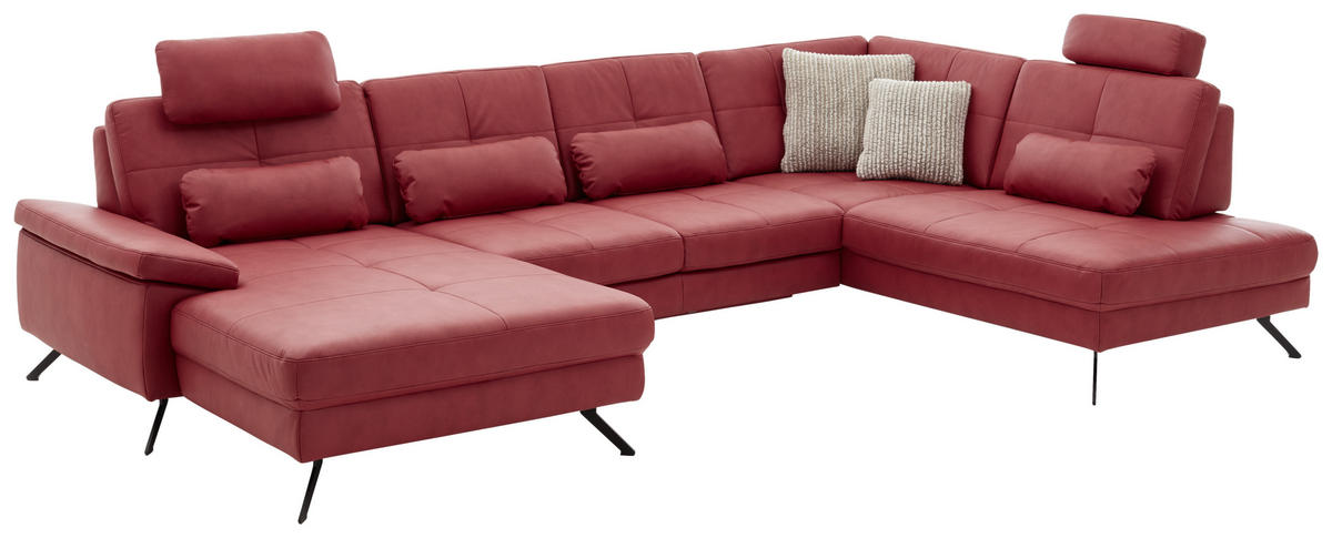 WOHNLANDSCHAFT in Lederlook, Mikrofaser Rot  - Rot/Schwarz, Design, Textil/Metall (179/345/220cm) - Beldomo System