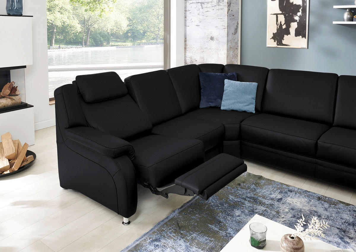 WOHNLANDSCHAFT Echtleder Schwarz  - Alufarben/Schwarz, Konventionell, Leder/Metall (239/329/165cm) - Beldomo Premium
