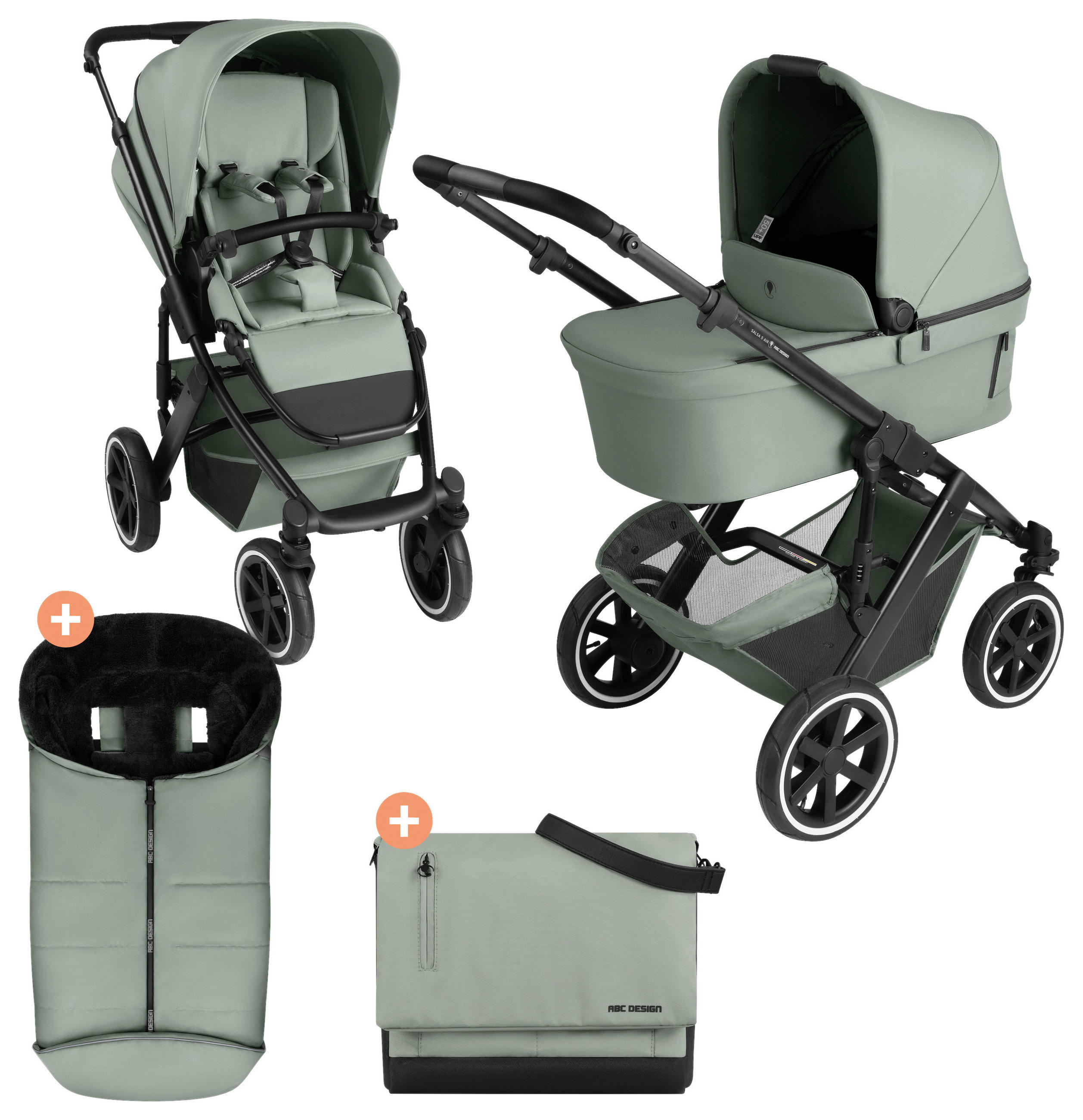 KINDERWAGENSET  Salsa 5 Air Herbst Set  Pine  - Pastellgrün/Schwarz, Basics, Textil/Metall (63/118/95,5cm) - ABC Design