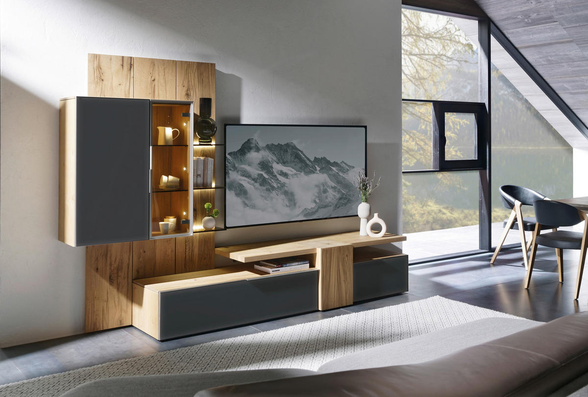 WOHNWAND  in Anthrazit, Eichefarben  272/194/58 cm  - Eichefarben/Anthrazit, Design, Glas/Holz (272/194/58cm) - Voglauer