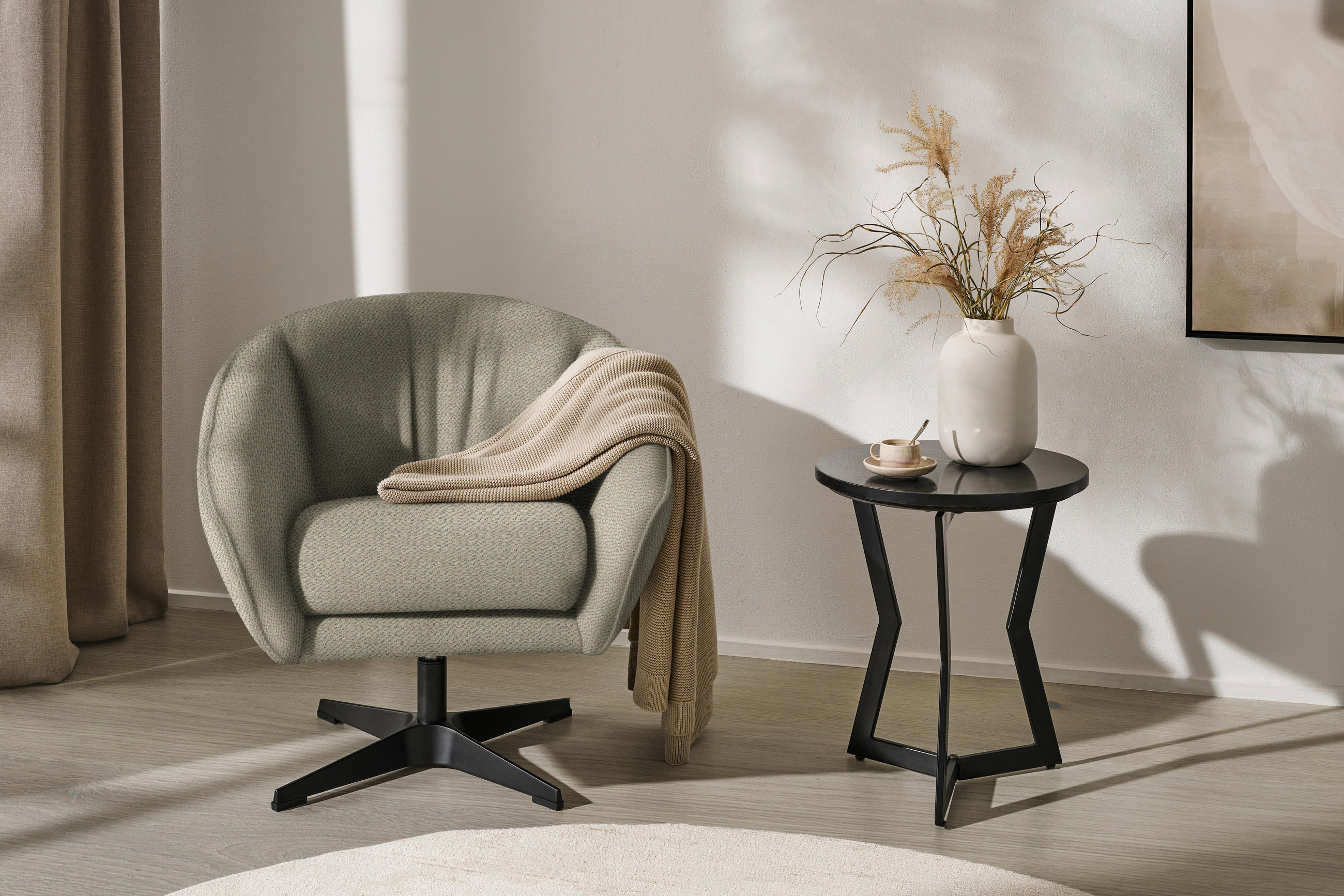 SESSEL in Chenille Beige  - Beige/Schwarz, Design, Textil/Metall (80/78/80cm) - Stylife