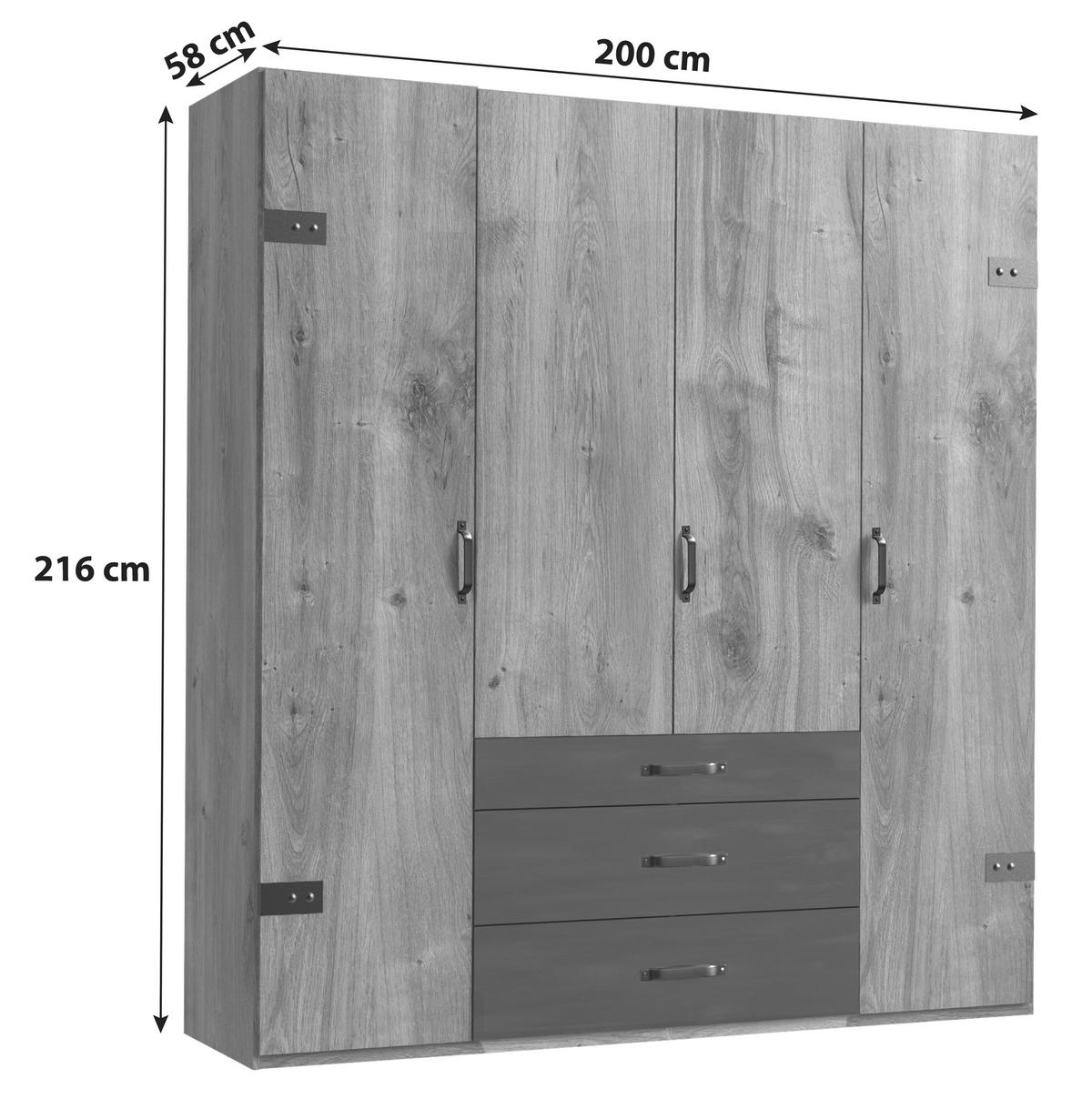 DREHTÜRENSCHRANK 200/216/58 cm 4-türig Graphitfarben, Eichefarben, Silberfarben  - Eichefarben/Silberfarben, Basics, Holzwerkstoff/Metall (200/216/58cm) - MID.YOU