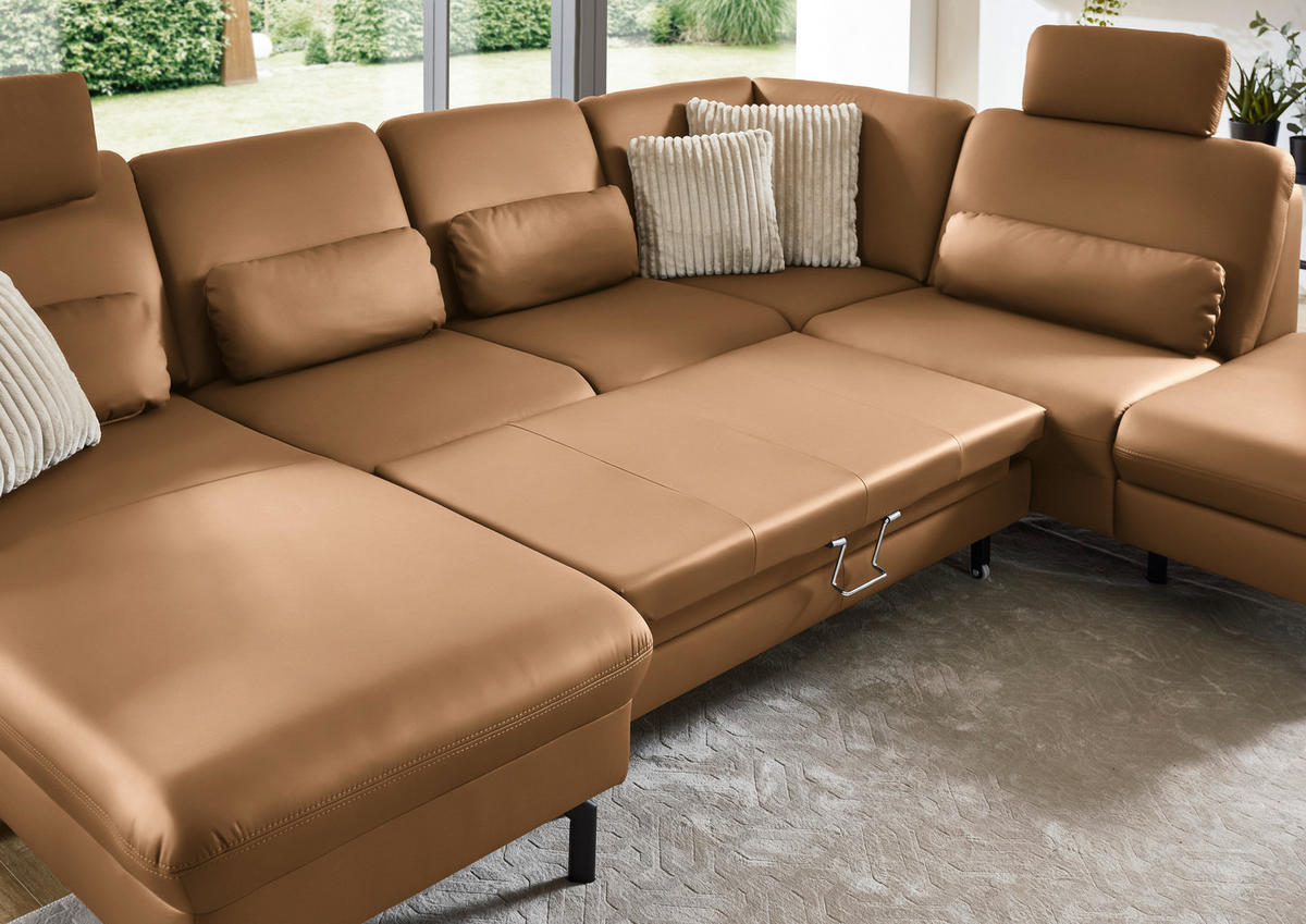 WOHNLANDSCHAFT Echtleder Hellbraun  - Hellbraun/Schwarz, Konventionell, Leder/Metall (168/306/224cm) - Beldomo Premium