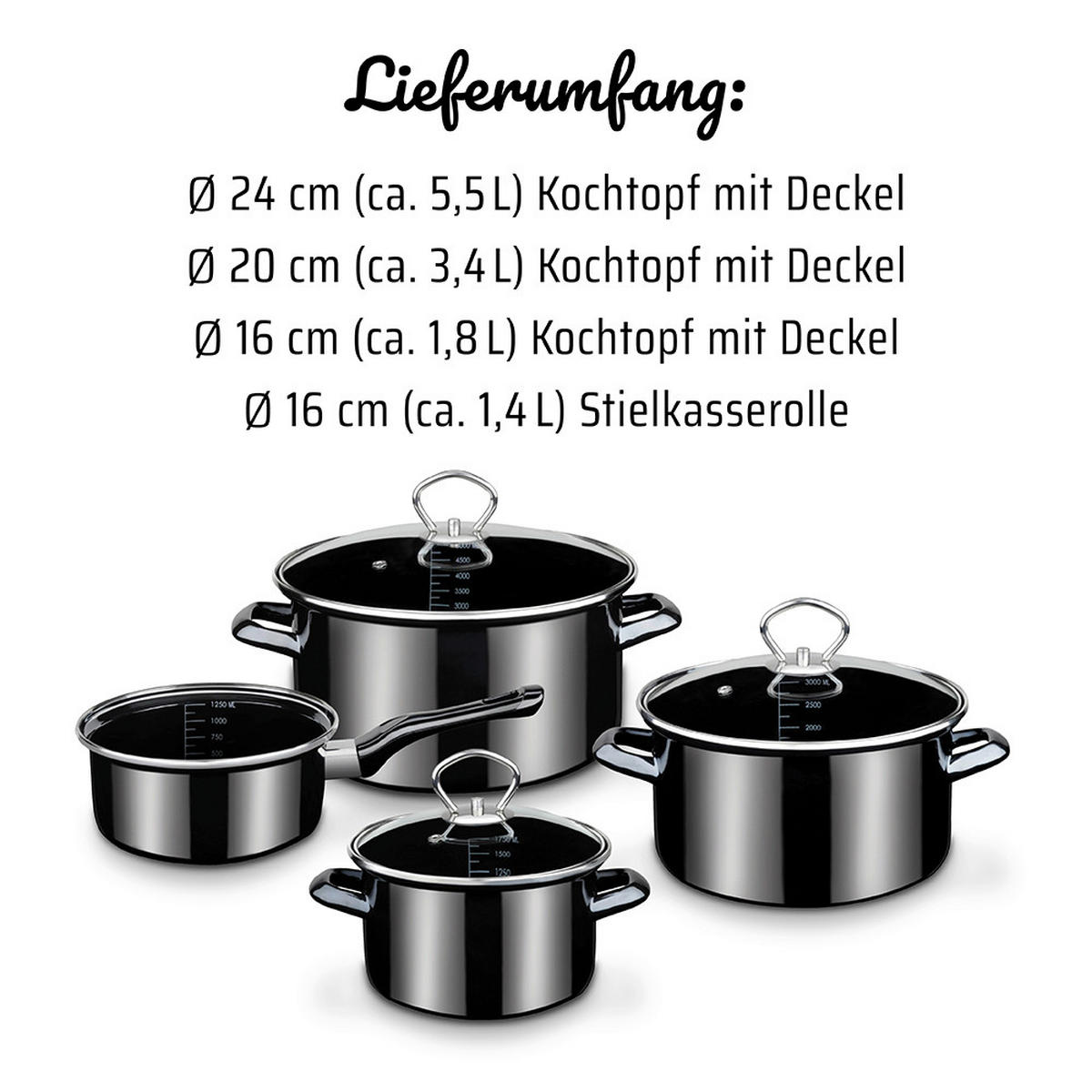 KOCHTOPFSET Black Star 4-teilig  - Schwarz Hochglanz, Basics, Metall - GSW