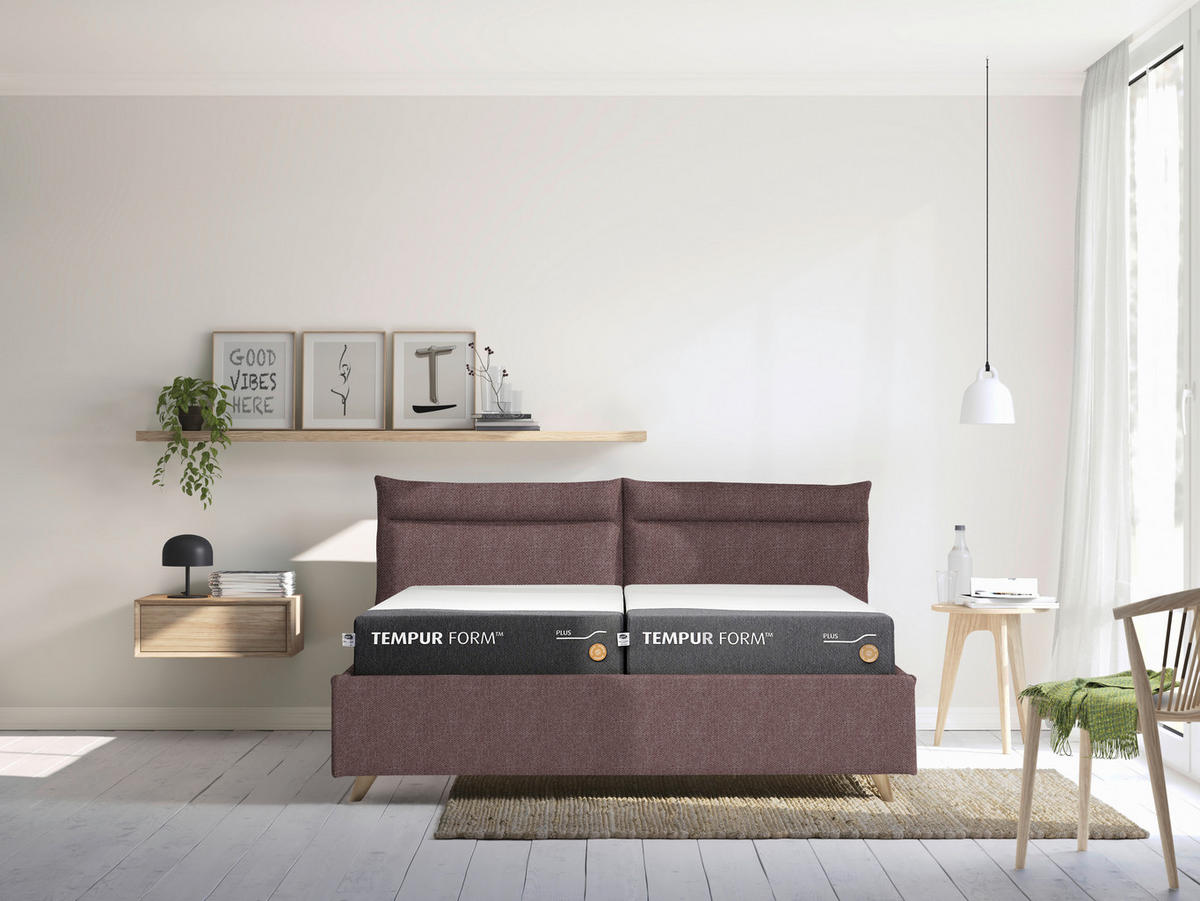 POLSTERBETT 180/200 cm  Weinrot  - Graublau/Buchefarben, Konventionell, Holz/Textil (180/200cm) - Tempur