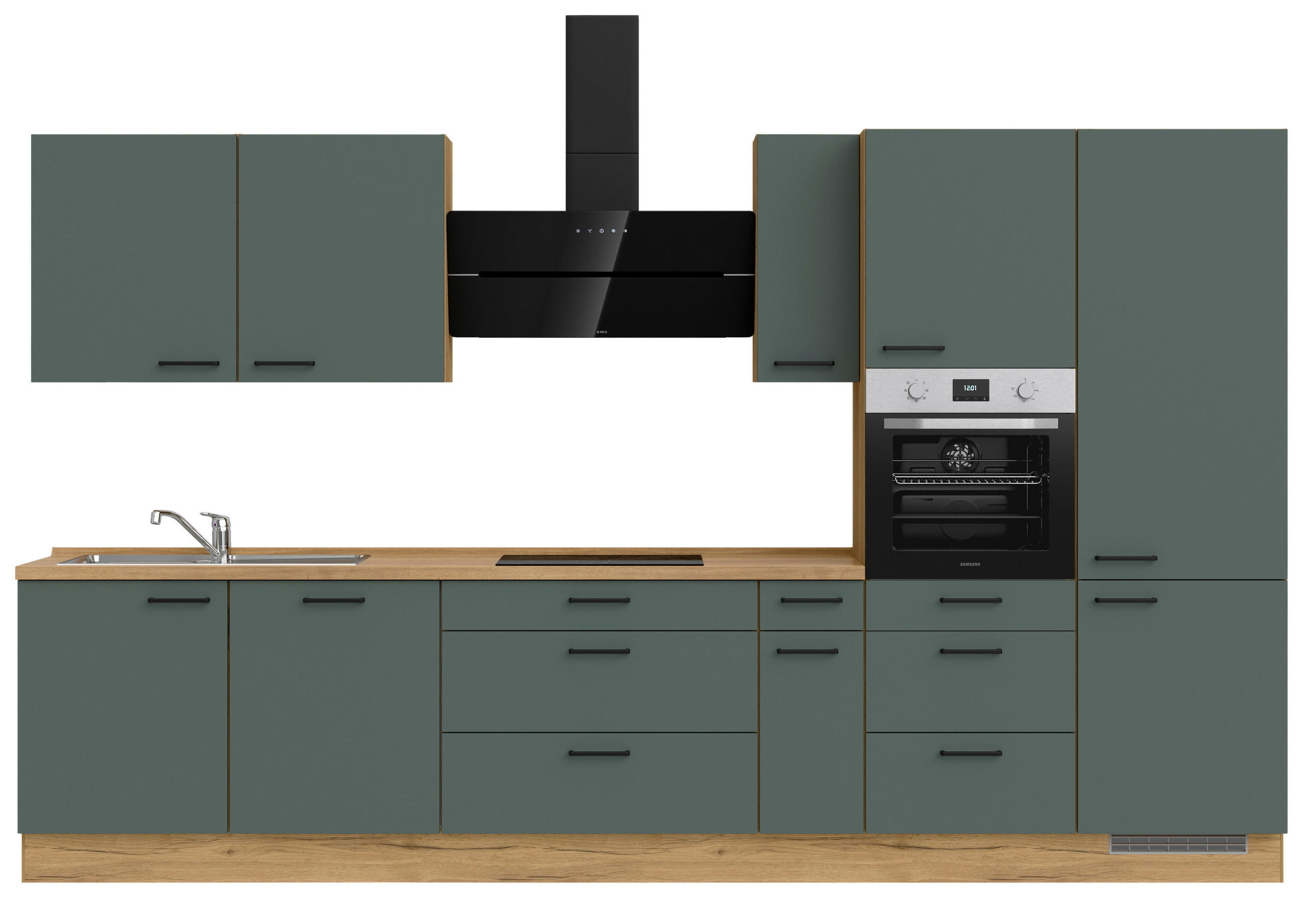 KÜCHENBLOCK 360 cm   in Eichefarben, Dunkelgrün  - Dunkelgrün/Eichefarben, MODERN, Holzwerkstoff/Metall (360cm) - Nobilia