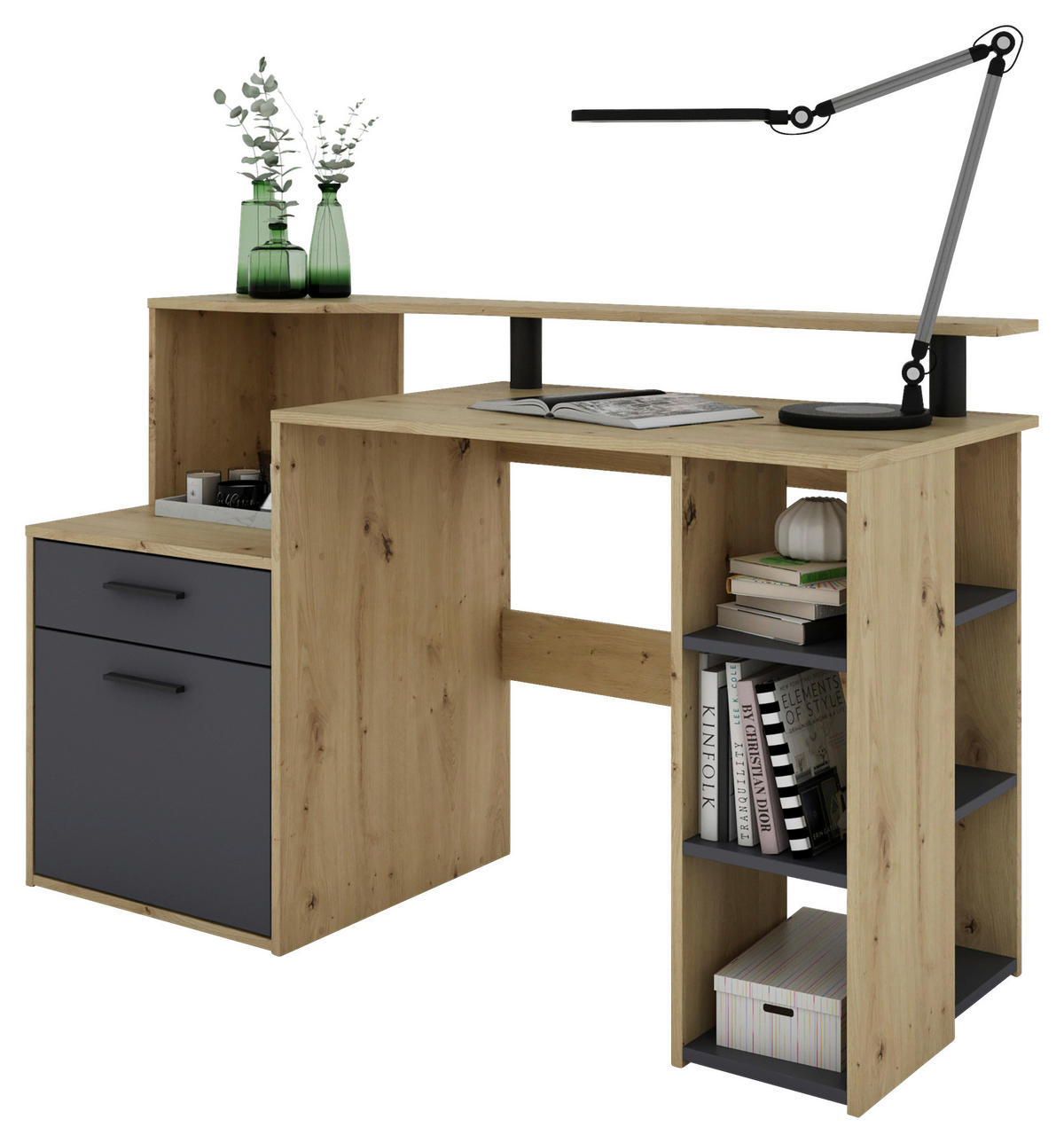 SCHREIBTISCH 140/55/89 cm  in Anthrazit, Eiche Artisan  - Anthrazit/Schwarz, MODERN, Holzwerkstoff/Kunststoff (140/55/89cm) - MID.YOU