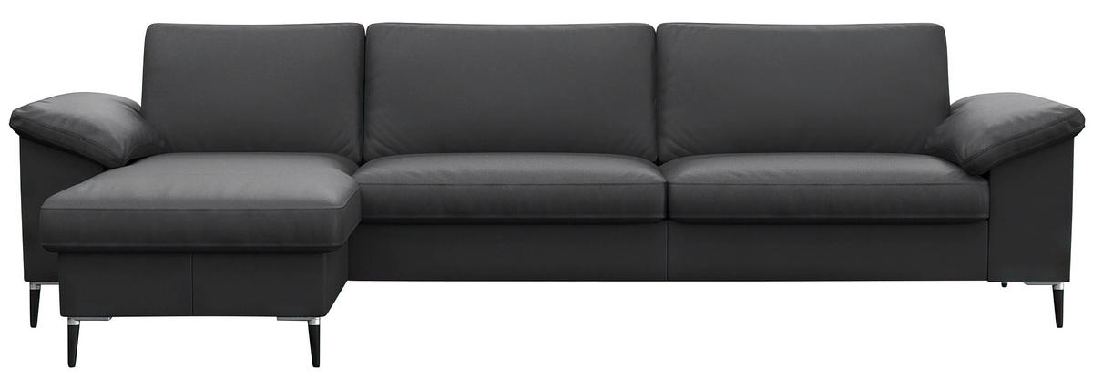 ECKSOFA Schwarz Echtleder  - Alufarben/Schwarz, Design, Leder/Metall (159/274cm) - Livetastic