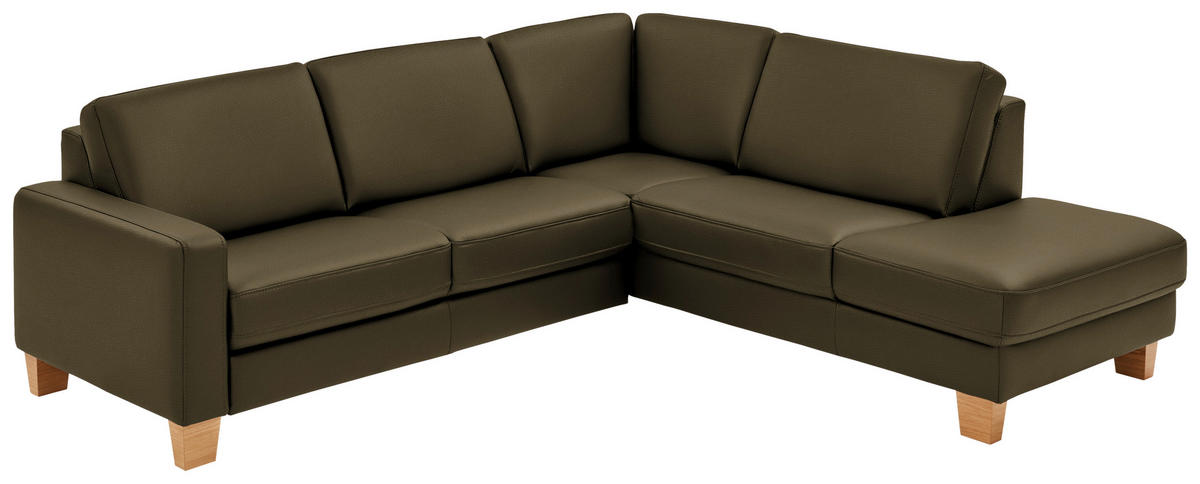 ECKSOFA in Echtleder Olivgrün  - Eiche Bianco/Olivgrün, Konventionell, Leder/Holz (257/235cm) - Valdera