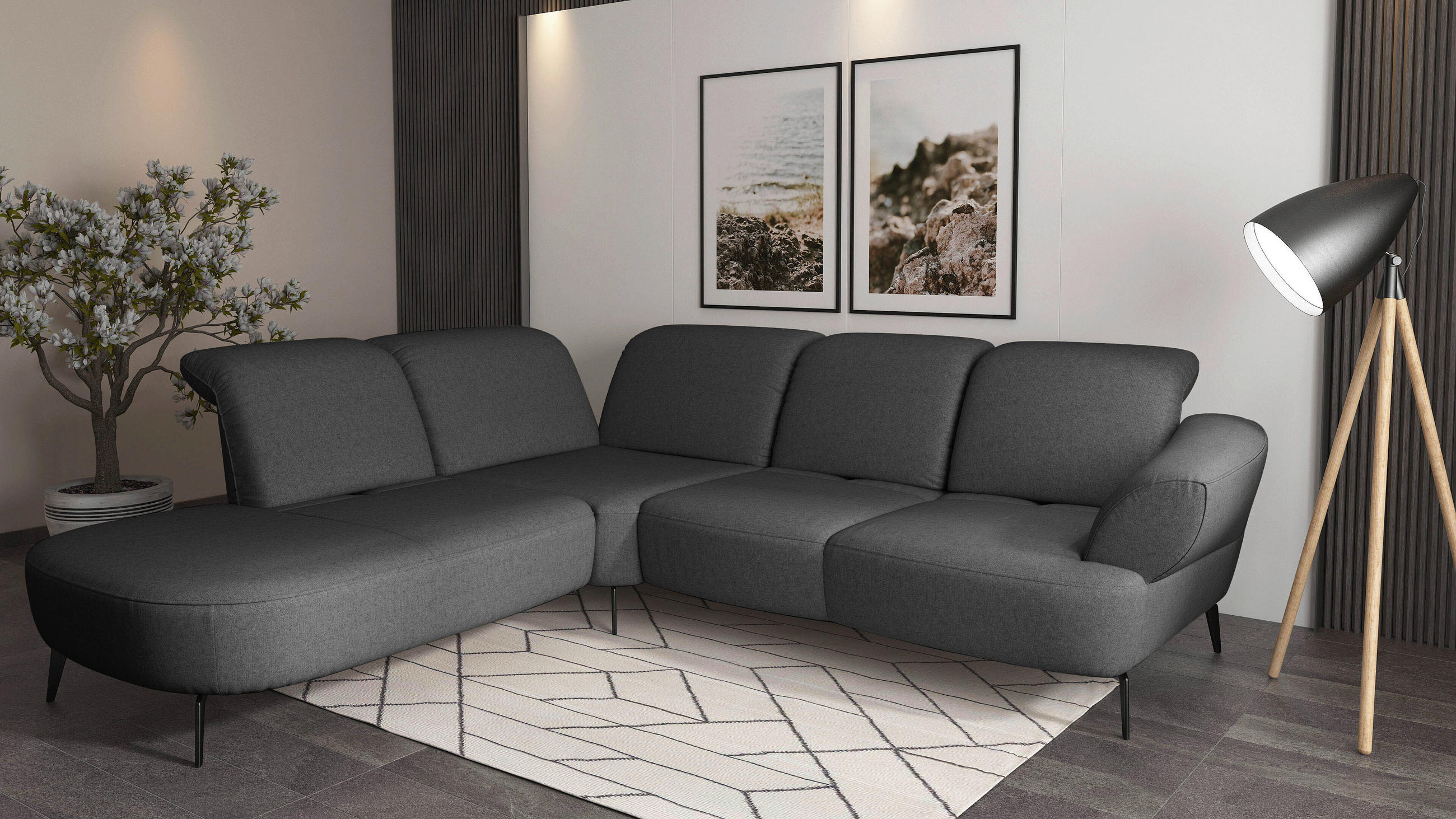 ECKSOFA in Flachgewebe Dunkelgrau - Dunkelgrau/Schwarz, Modern, Textil/Metall (270/302cm) - Sit & More