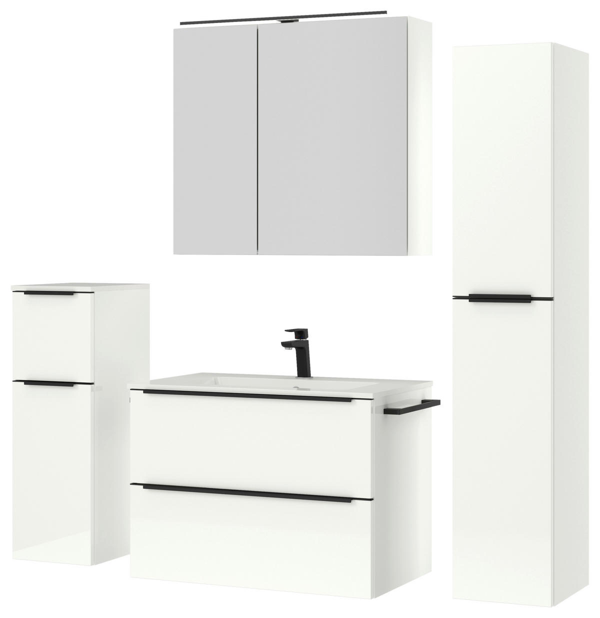 BADEZIMMER 5-teilig  in 141 cm  - Weiß Hochglanz/Schwarz, MODERN, Holzwerkstoff/Stein (141cm) - Nobilia