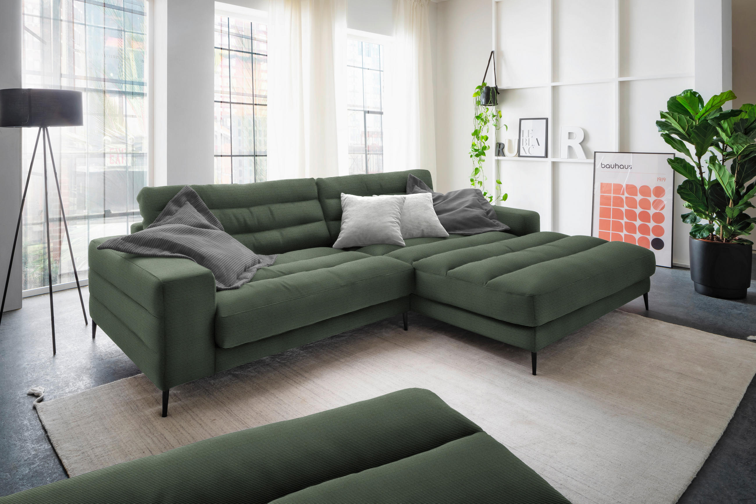 ECKSOFA in Cord Olivgrün  - Schwarz/Olivgrün, Design, Textil/Metall (296/207cm) - Dieter Knoll