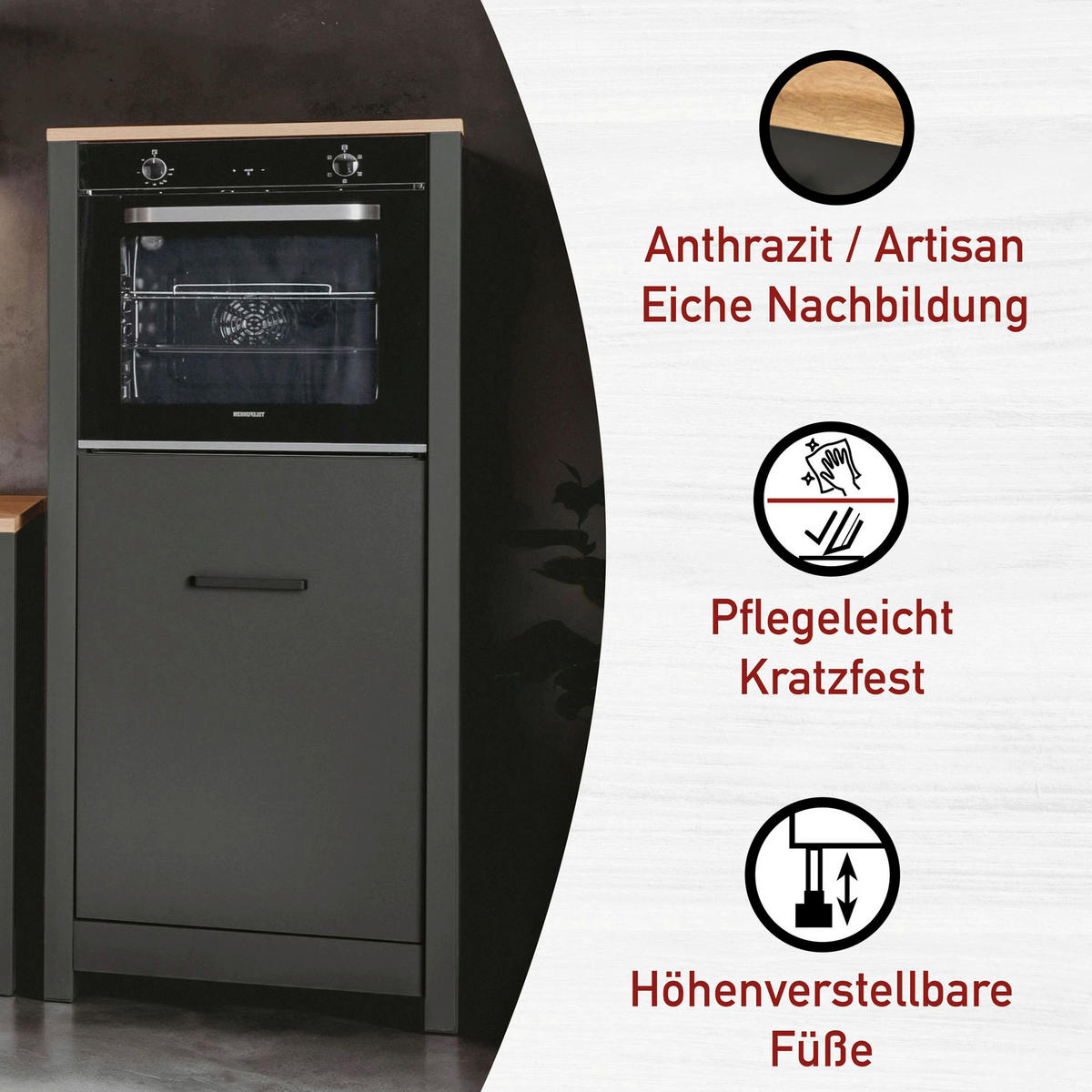 KÜCHENLEERBLOCK   in Anthrazit, Eiche Artisan  - Anthrazit/Schwarz, MODERN, Glas/Holzwerkstoff (300/167/60cm) - home24