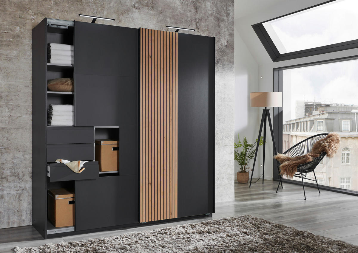 SCHWEBETÜRENSCHRANK in Graphitfarben, Eiche Artisan  - Schwarz/Graphitfarben, Trend, Holzwerkstoff/Metall (180/198/65cm) - Carryhome