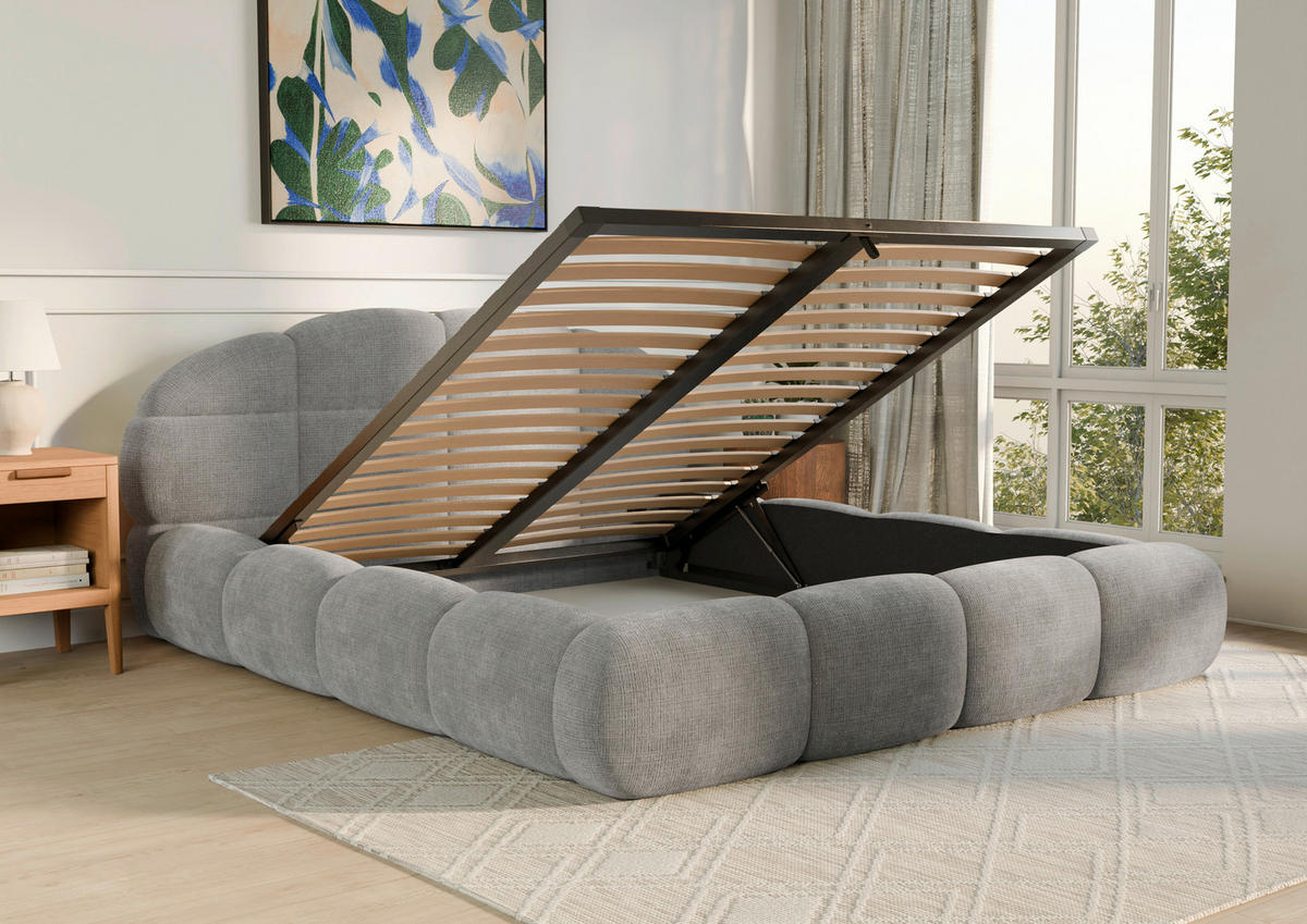 POLSTERBETT 160/200 cm,  in Hellgrau, gepolstertes Kopfteil, Lattenrost, Bettkasten,  - Hellgrau/Schwarz, Design, Holz/Textil (160/200cm) - Chameo
