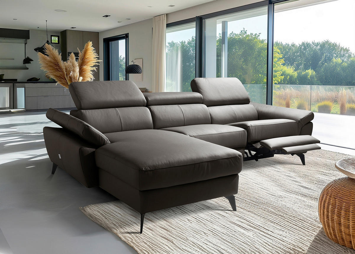 ECKSOFA SONO in Lederlook Echtleder Dunkelbraun Armteilverstellung, Kopfteilverstellung  179/252 cm  - Dunkelbraun/Schwarz, Design, Leder/Textil (179/252cm) - Livetastic