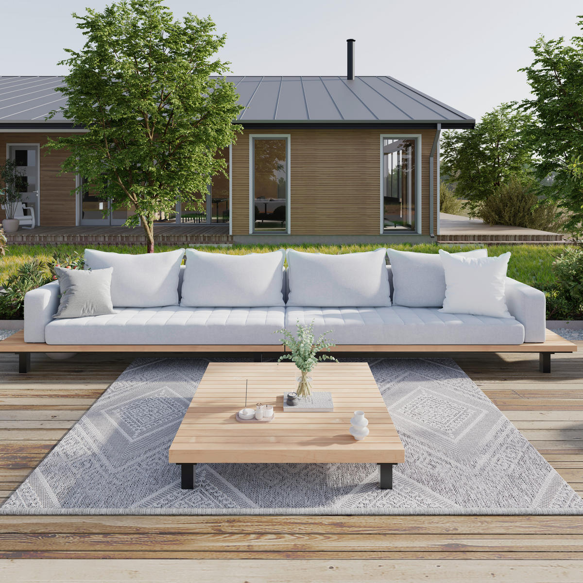 LOUNGEGARNITUR 4-teilig   195/105/78 cm Teakholz Aluminium  - Schwarz/Teakfarben, MODERN, Holz/Textil (195/105/78cm) - Ambia Garden