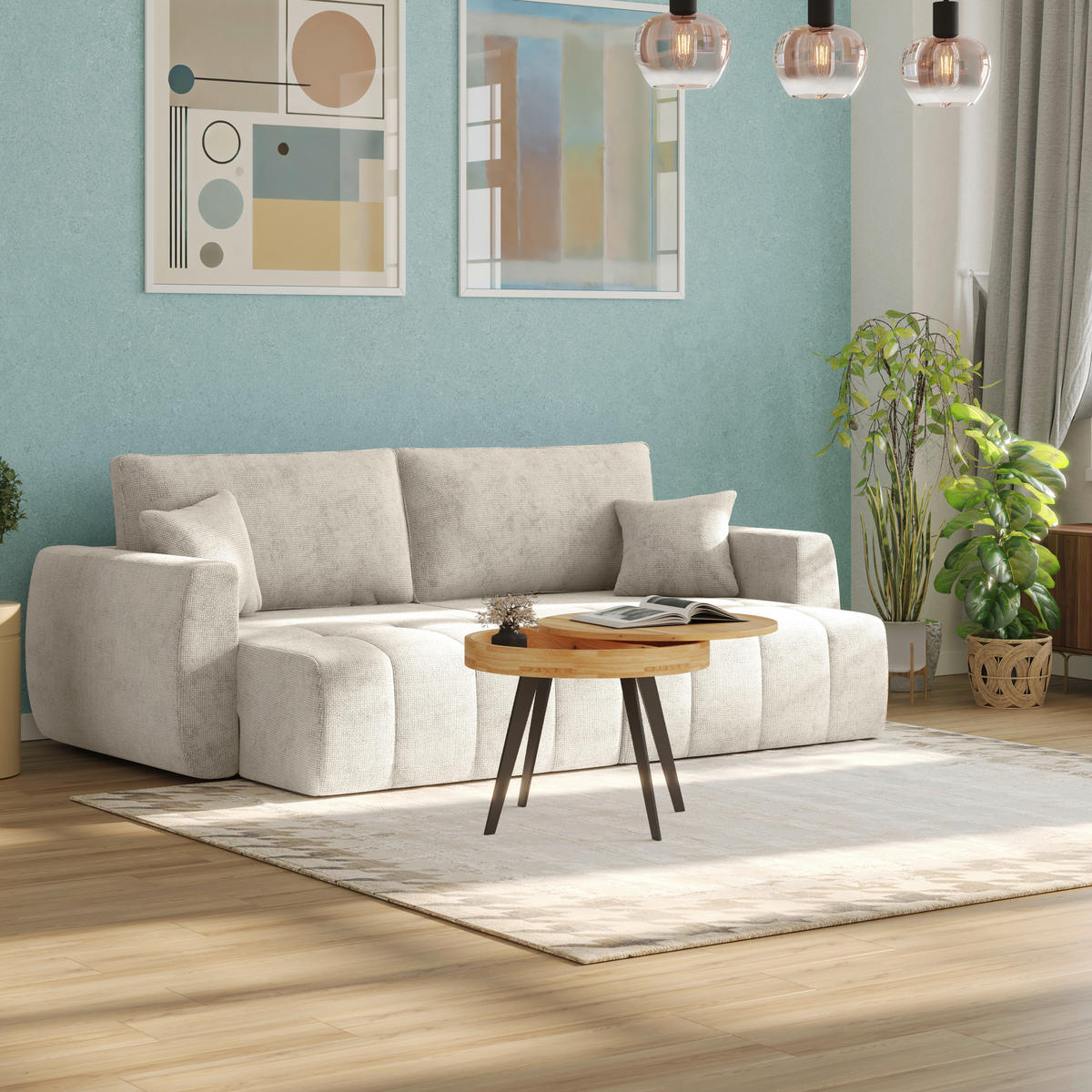SCHLAFSOFA  mit Stoffauswahl Webstoff Creme  - Creme/Schwarz, MODERN, Holz/Textil (245/74-90/104cm) - MID.YOU