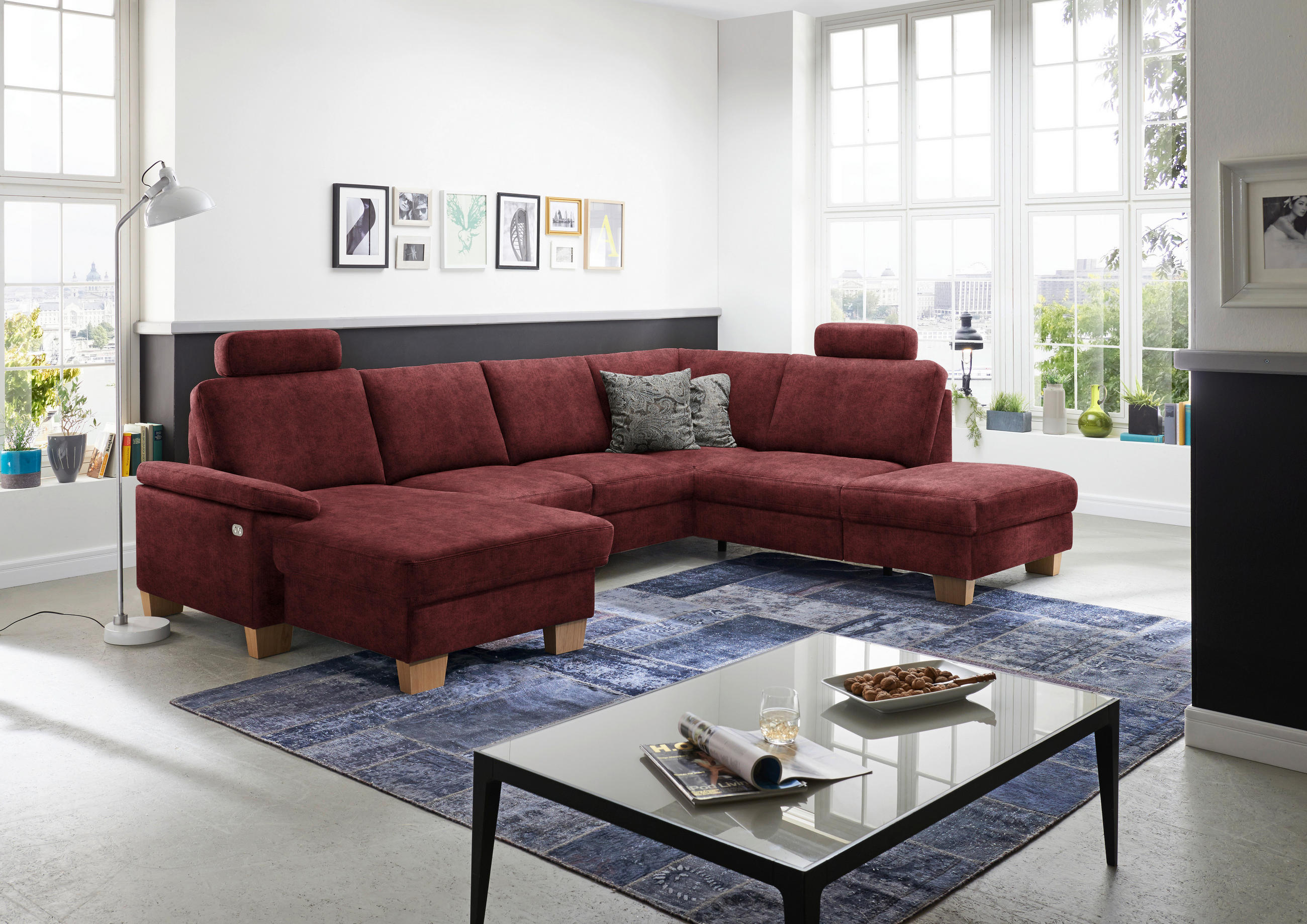 WOHNLANDSCHAFT in Velours Weinrot  - Eichefarben/Weinrot, Konventionell, Holz/Textil (167/316/235cm) - Beldomo System