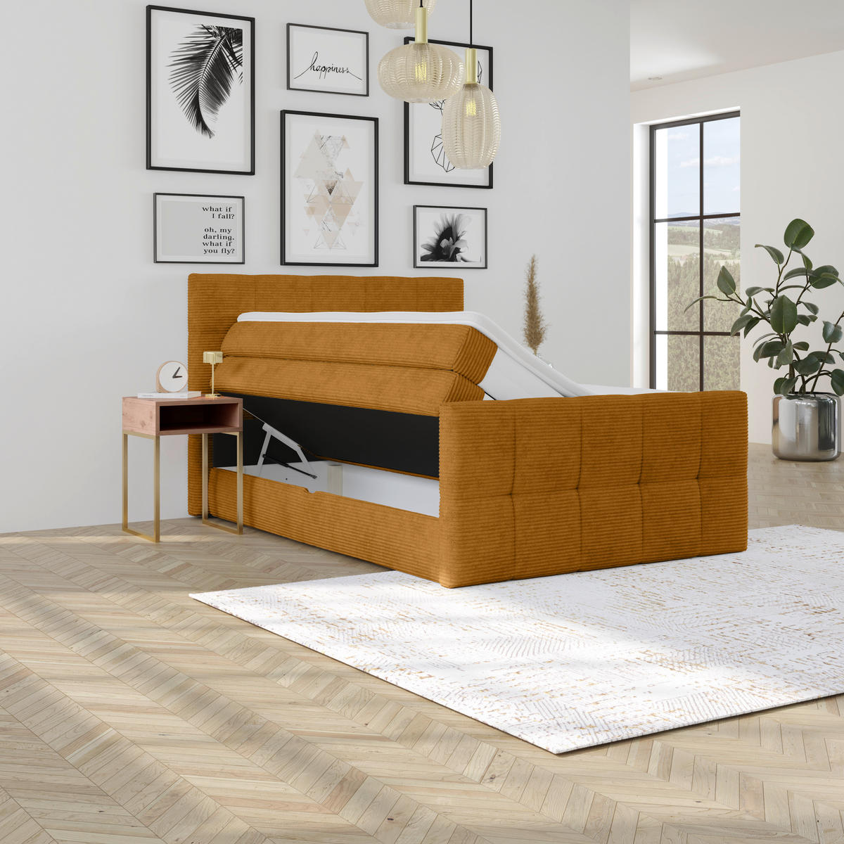 BOXSPRINGBETT 140/200 cm,  in Senfgelb, gepolstertes Kopfteil, Bettkasten, Topper, Matratzen, H4 + H4 = sehr fest  - Senfgelb, KONVENTIONELL, Holz/Holzwerkstoff (140/200cm)