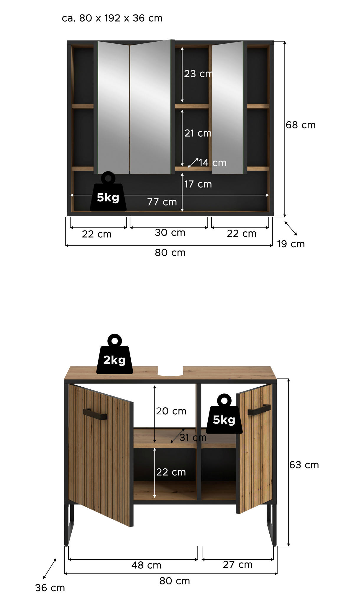 BADRUM 80 cm  - svart/ek Artisan, Trend, metall/trämaterial (80cm) - MID.YOU