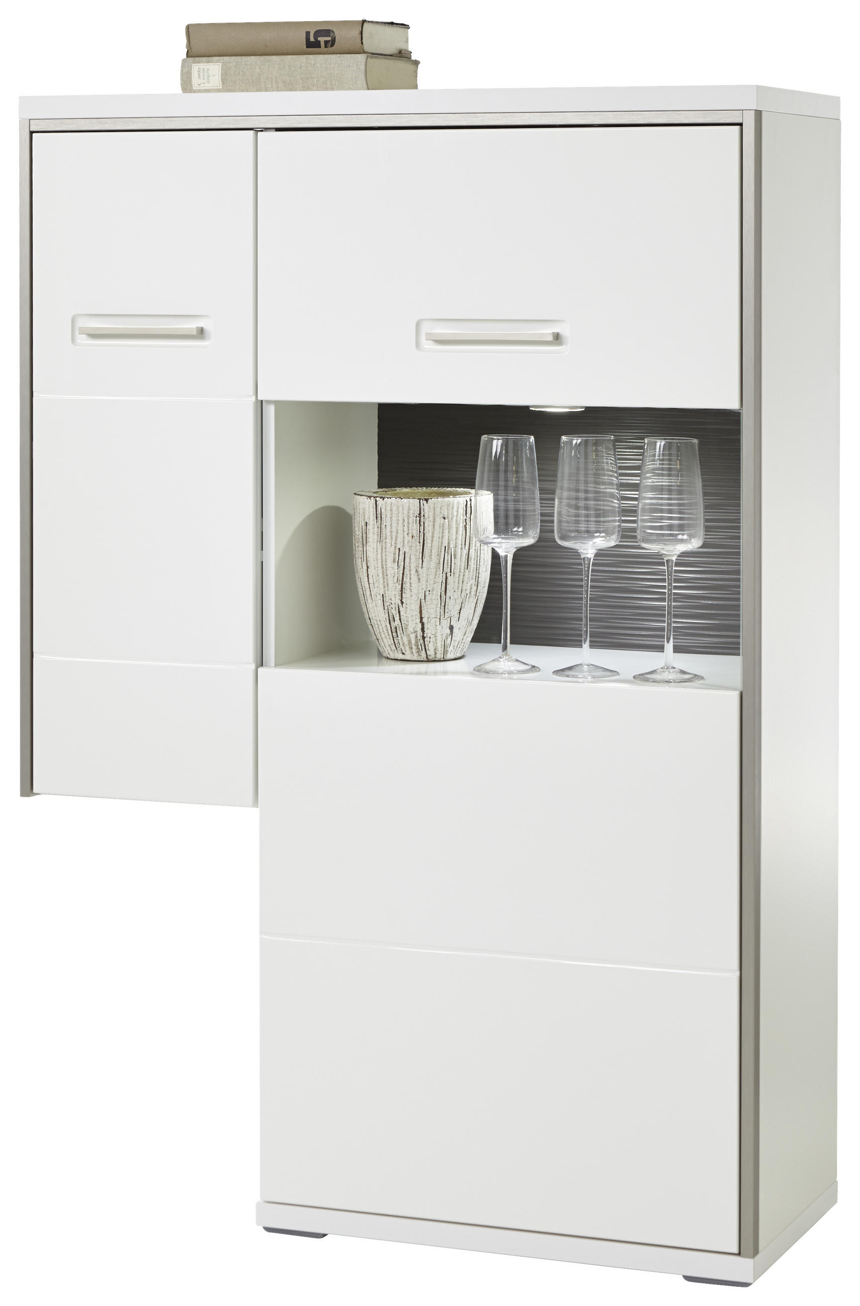 Thumbnail - Livetastic Highboard Accra, Grau, Silber, Weiß, Weiß Hochglanz, Metall, 2 Fächer, 94x137x38 cm, Made in EU, Wohnzimmer, ...