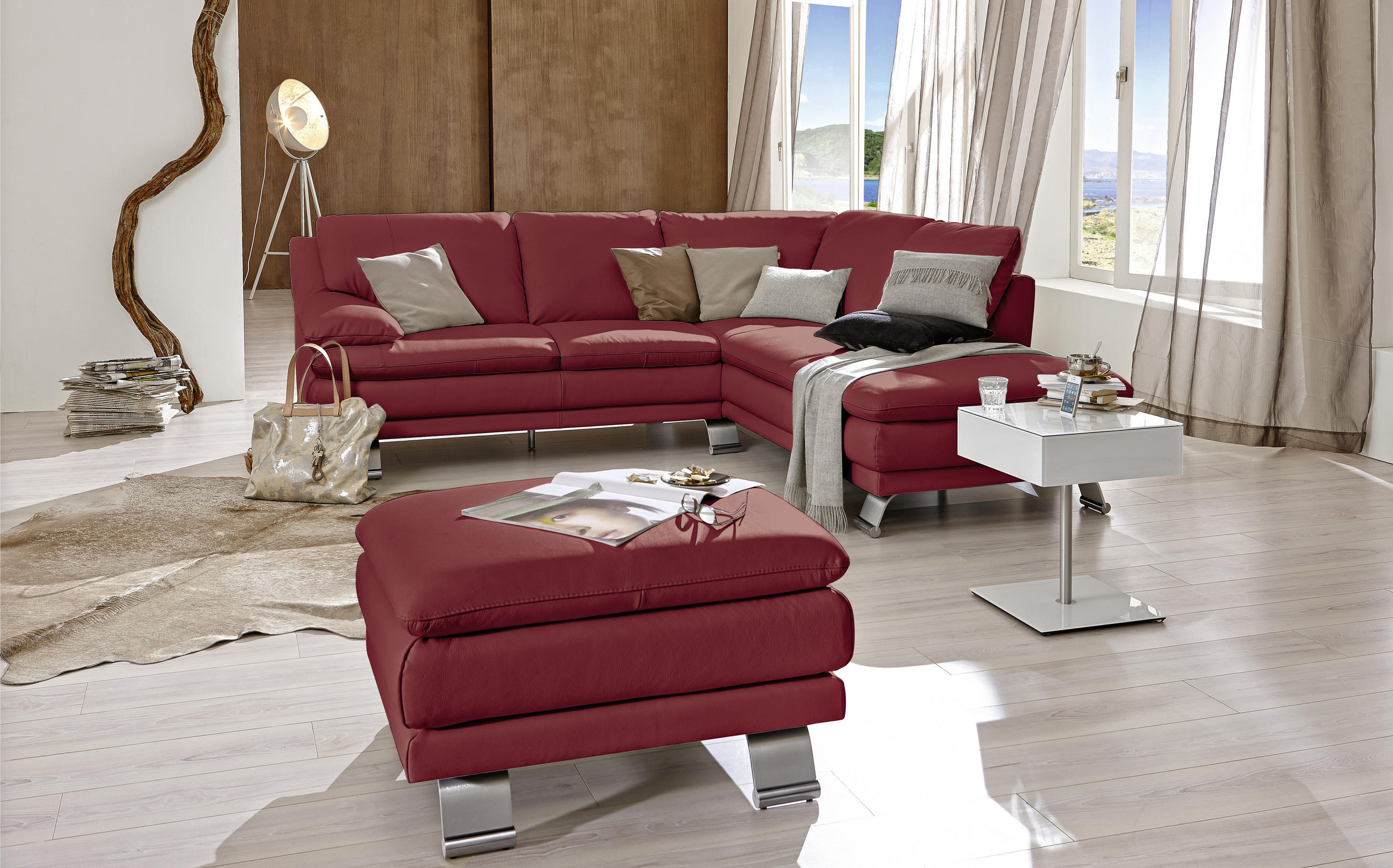 ECKSOFA Rot Kombination Echtleder/Lederlook  - Silberfarben/Rot, KONVENTIONELL, Leder/Metall (246/220cm) - Livetastic